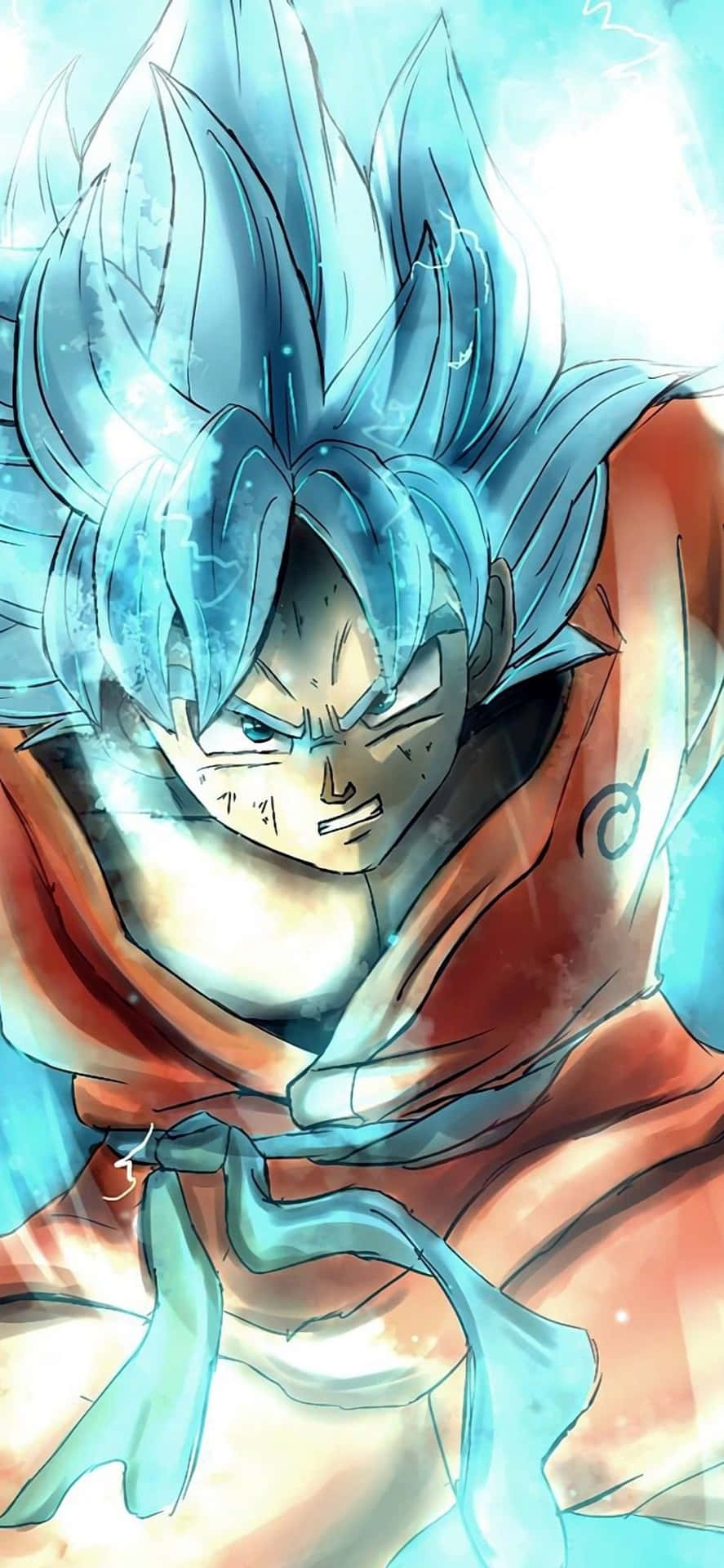 Dragon Ball iPhone 桌布 壁紙 — 一個藍髮的兇猛動漫戰士穿著橙色道服，在發光的青色背景下怒目而視。