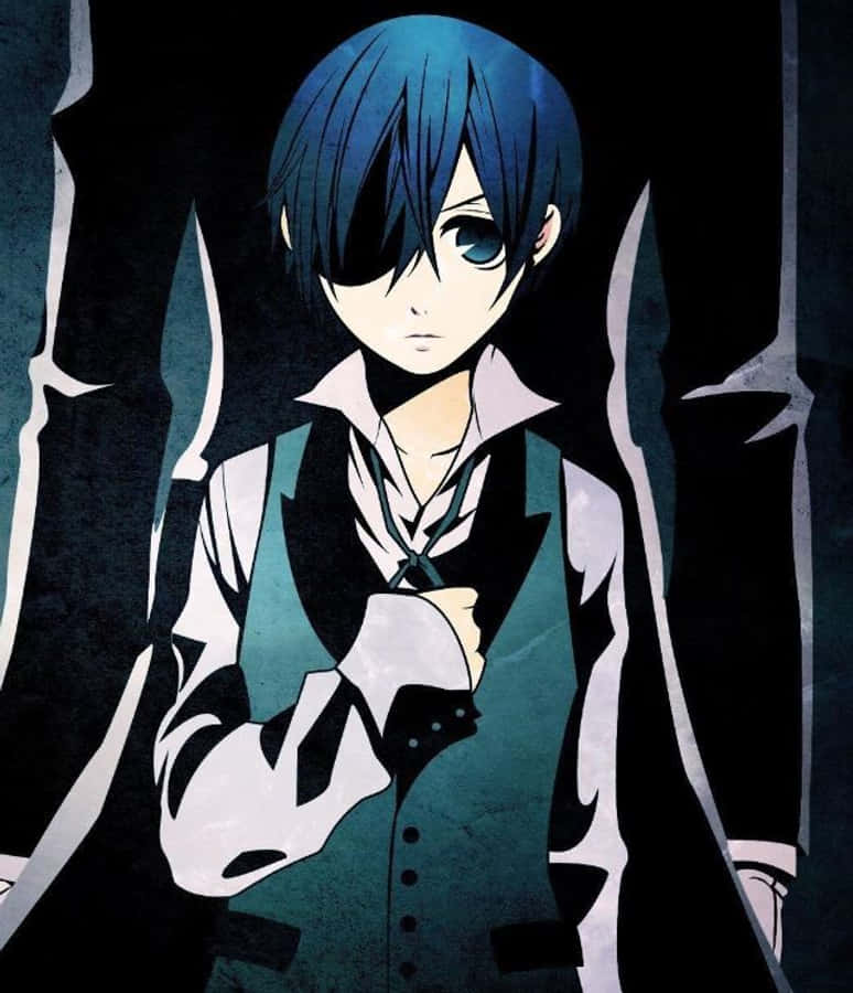 Ciel Phantomhive 桌布 壁紙 — 一個藍髮的動漫男孩，一隻眼睛被遮蓋，莊嚴地站在陰影、風格化的環境中。