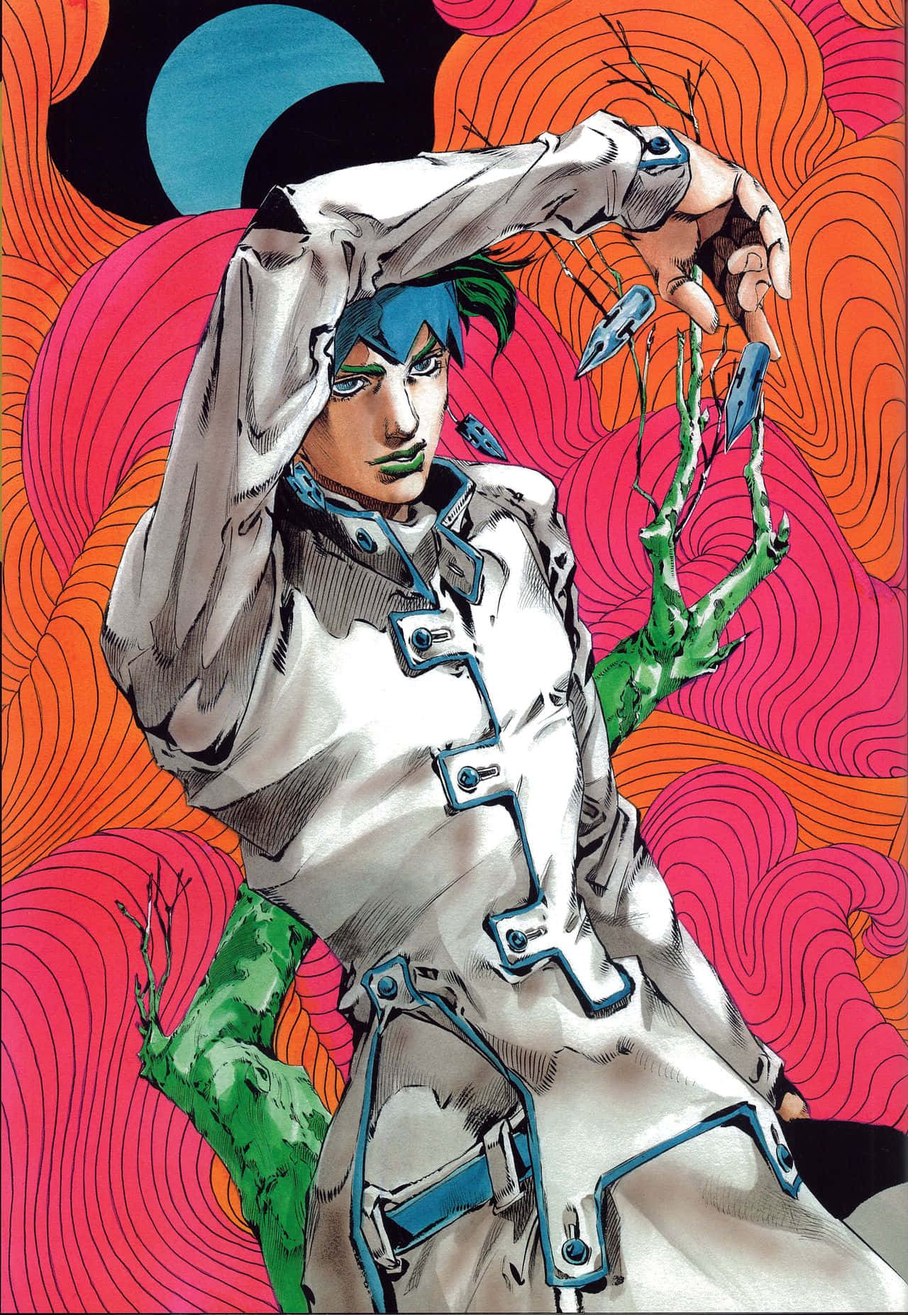 Rohan Kishibe 桌布 壁紙 — 一個藍髮的動漫角色，穿著帶有藍色點綴的白色外套，在旋轉的紅橙色背景和彎月前擺出動態姿勢。
