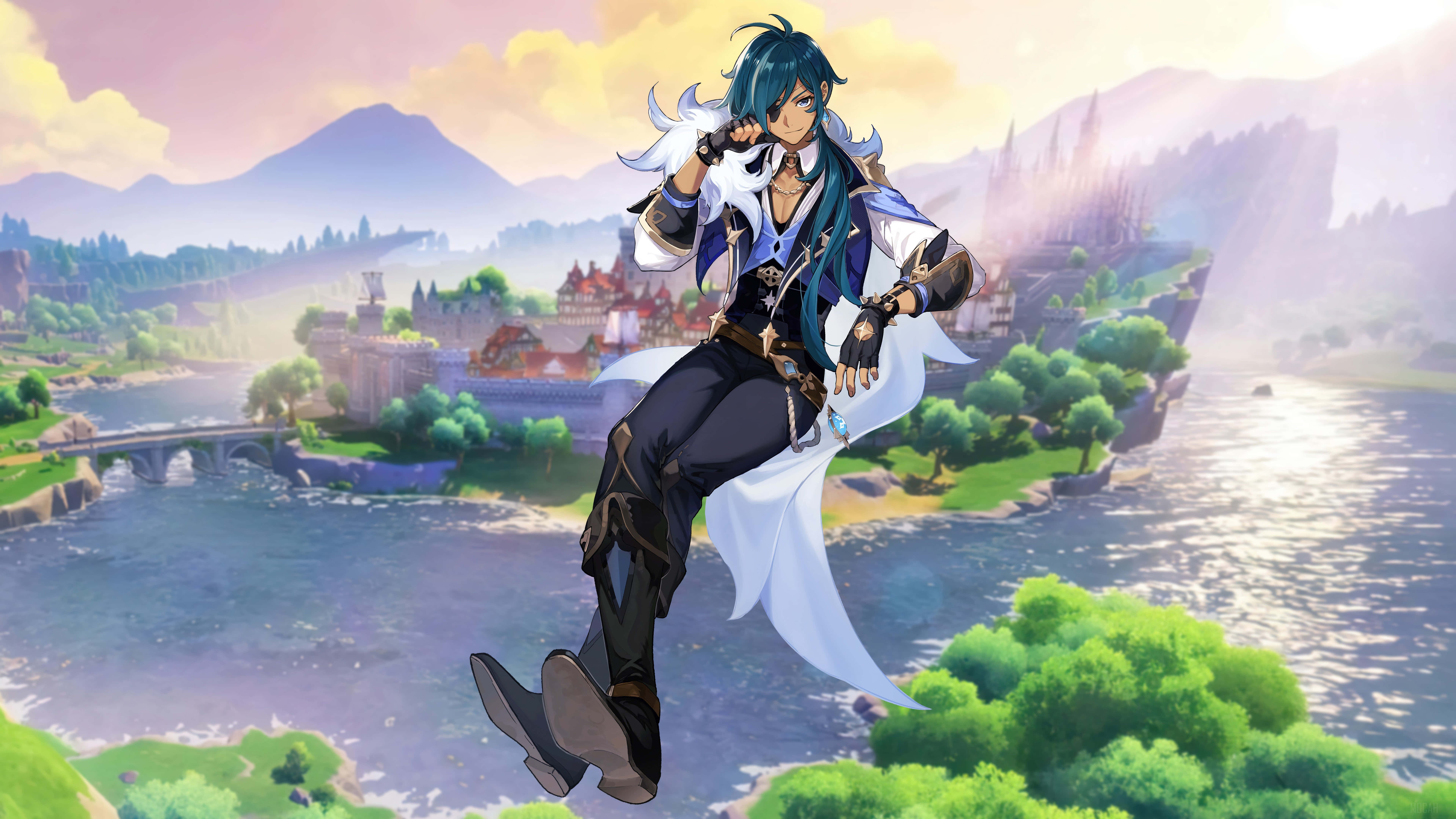 Kaeya 桌布 壁紙 — 一個藍髮的動漫角色穿著白色和藍色的長袍，漂浮在一條河流上方，背景有城堡和山脈。
