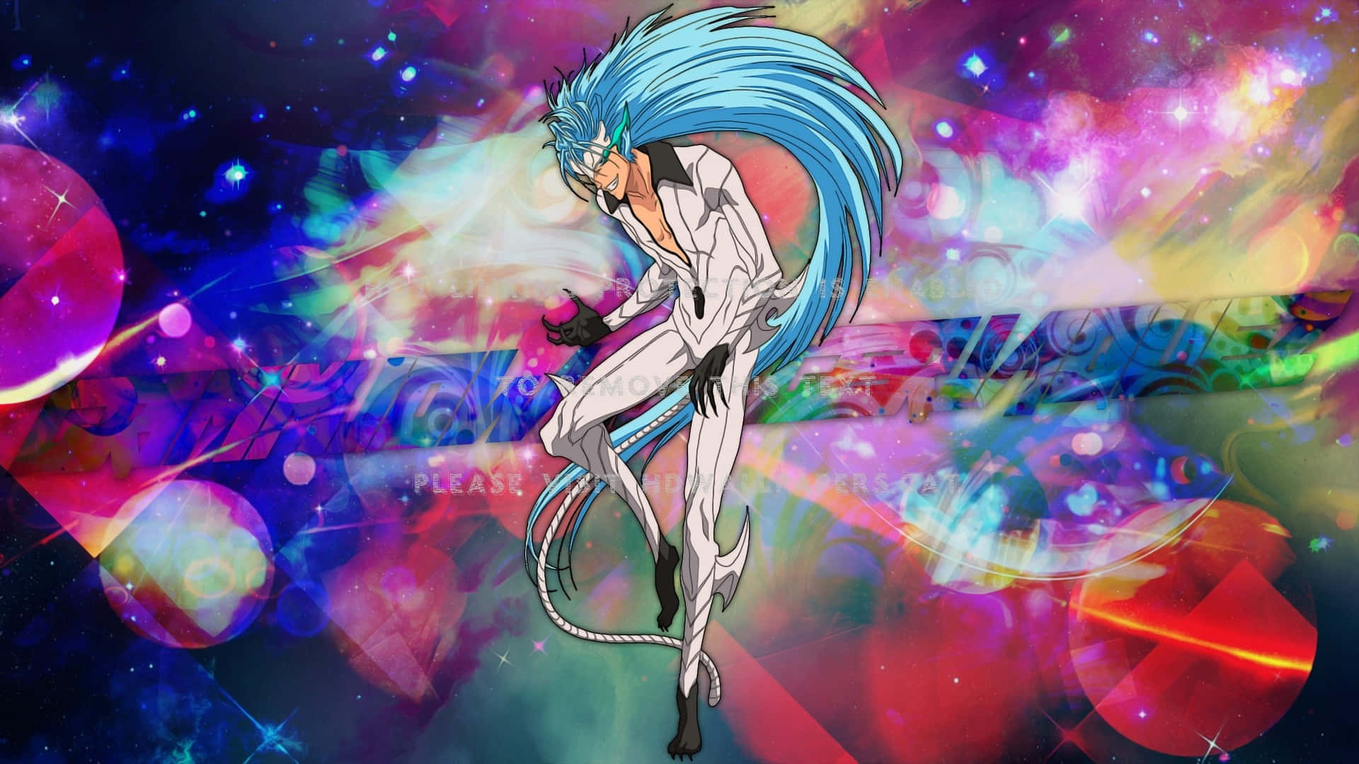 Grimmjow Jaegerjaquez 桌布 壁紙 — 一個藍髮的動漫角色穿著白色西裝，在旋轉的霓虹色彩和發光球體的宇宙背景下動態跳躍。