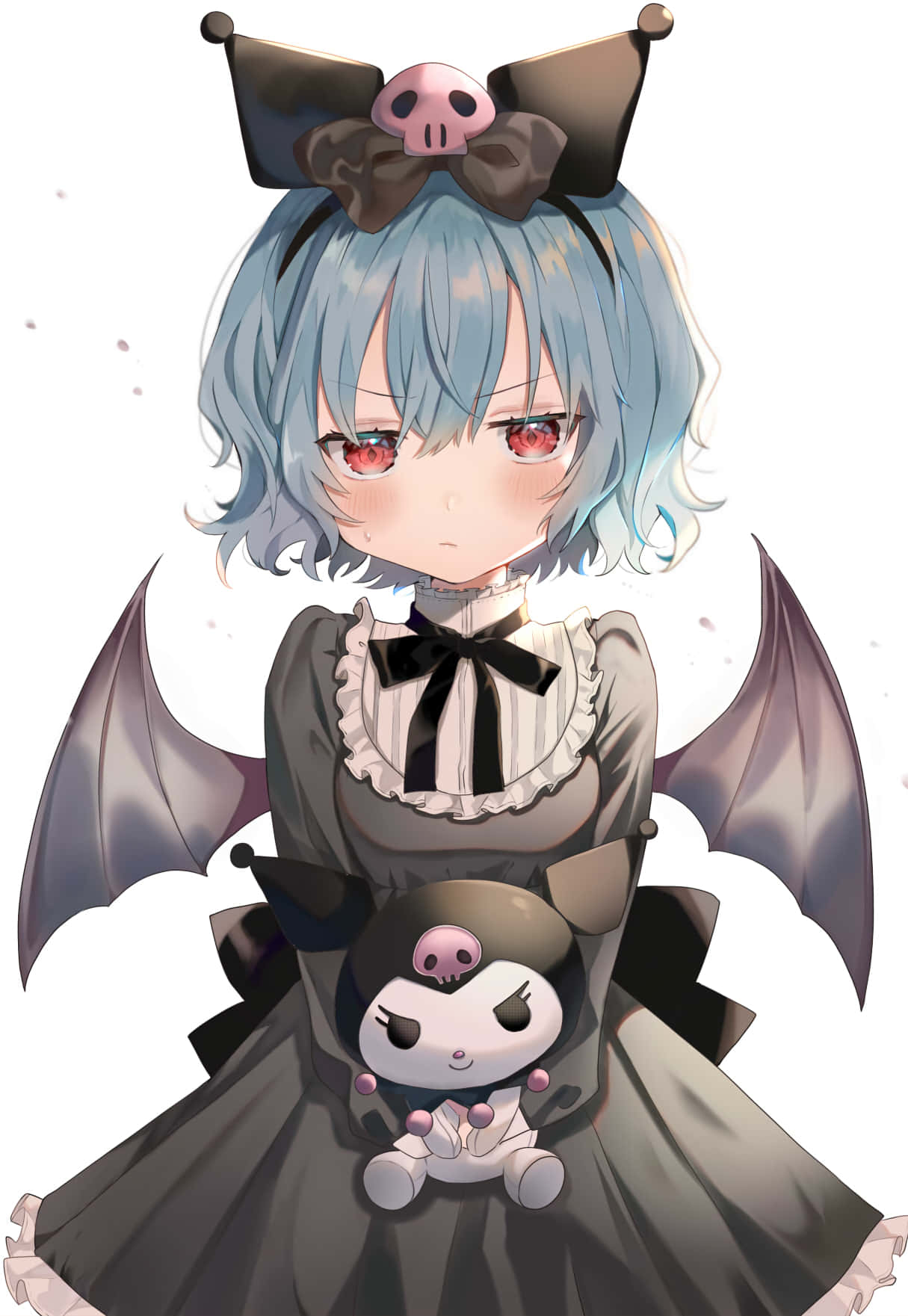 Kuromi Fanart 桌布 壁紙 — 一個藍髮紅眼的Q版動漫女孩，穿著帶有蝙蝠翅膀的哥德式連衣裙，手持骷髏主題毛絨玩具。