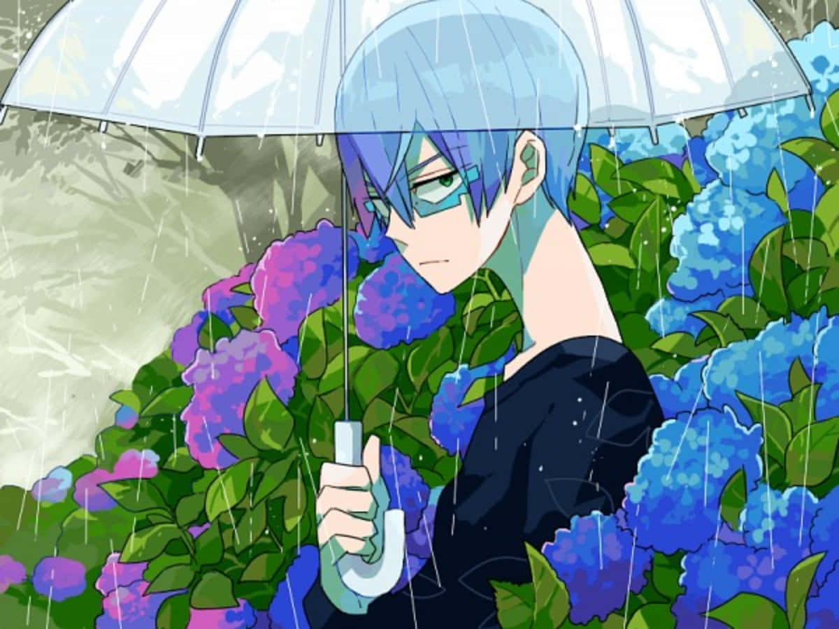 Houka Inumuta 桌布 壁紙 — 一個藍髮綠眼的動漫男孩在溫柔的雨中，在充滿活力的紫色和藍色繡球花中撐著透明雨傘。