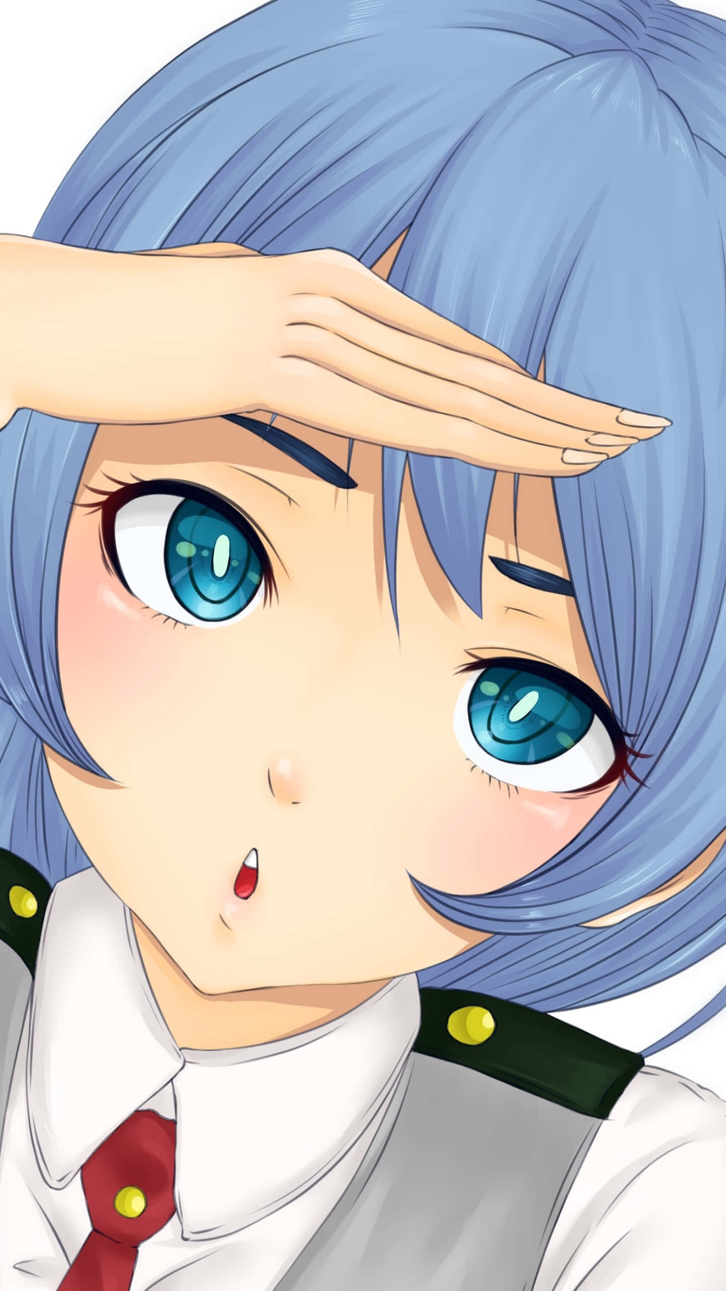 Nejire Hado 桌布 壁紙 — 一個藍髮藍眼動漫女孩的近距離特寫，帶著驚訝的表情敬禮。
