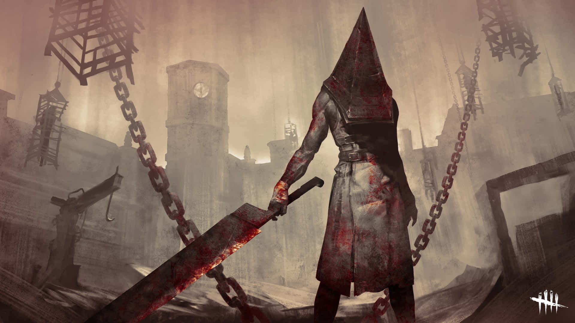 Dead By Daylight Killers 桌布 壁紙 — 一個血淋淋的三角頭站在廢墟城市景觀中，手持巨大的電鋸，氣勢洶洶。