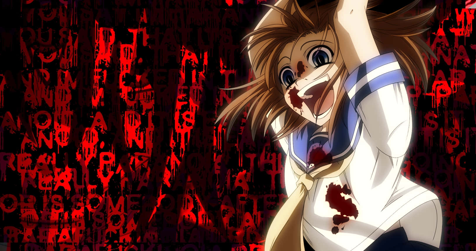Thriller Anime 桌布 壁紙 — 一個血淋淋的動漫女學生在紅色故障文字背景前尖叫。