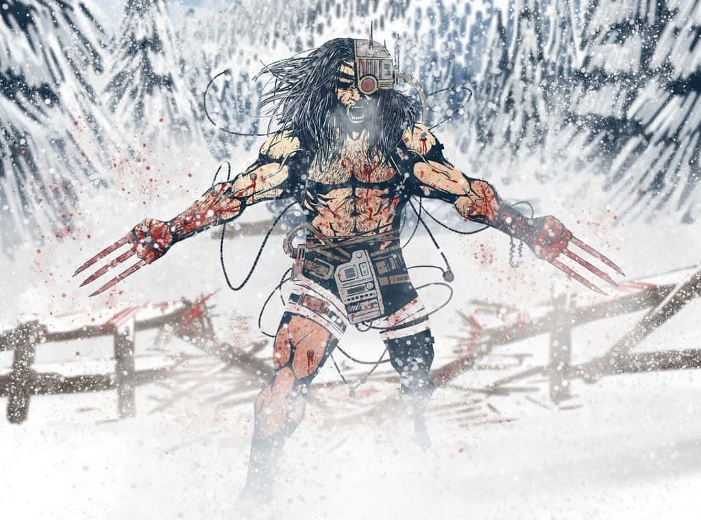Weapon X 桌布 壁紙 — 一個血淋淋的賽博龐克變種人，配備機械爪和裝備，在雪林中挑釁地站立，周圍是飄落的雪花和飛濺的深紅色。