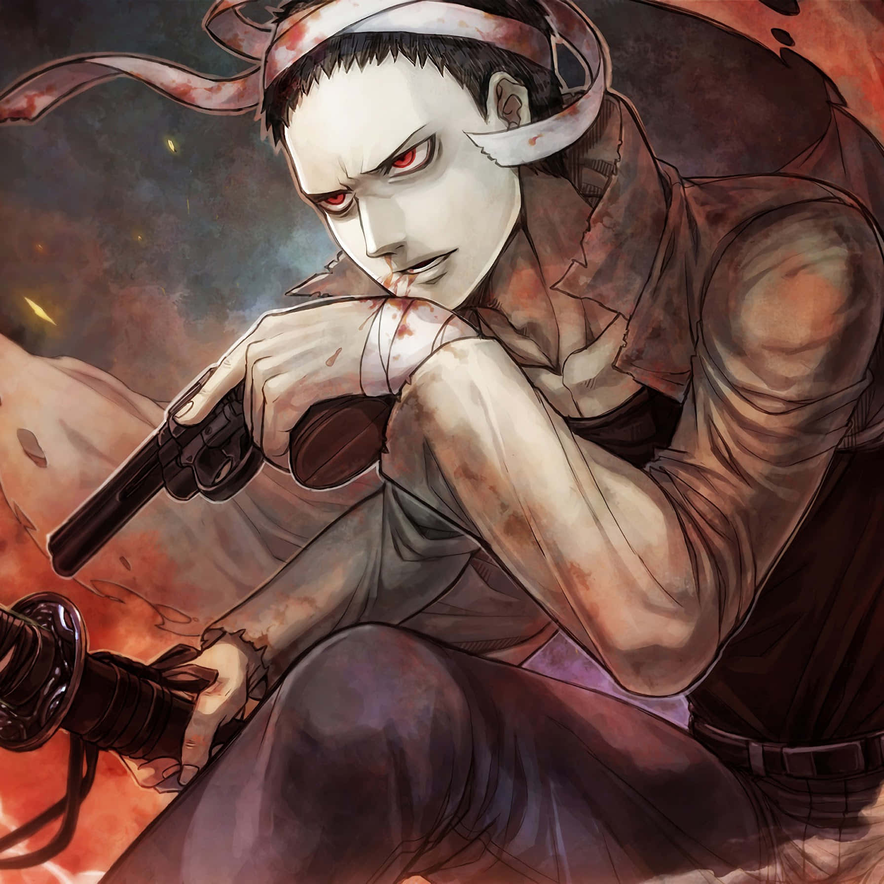 Zombieman 桌布 壁紙 — 一個血跡斑斑、紅眼的動漫戰士，在熾熱的背景中緊握手槍和武士刀。