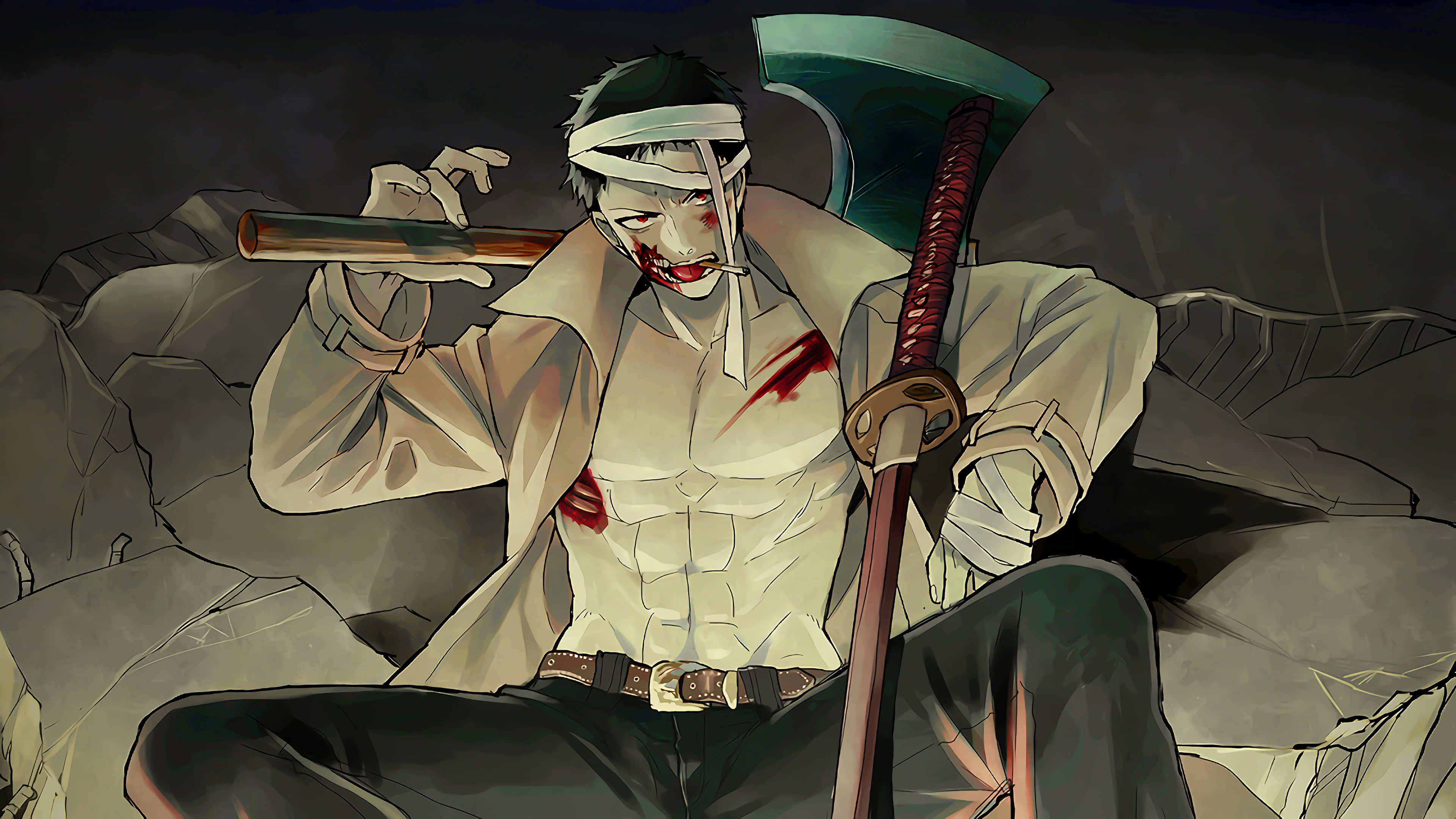 Zombieman 桌布 壁紙 — 一個血跡斑斑的動漫戰士，戴著頭帶，手持斧頭，坐在瓦礫中，襯衫破爛，臉上沾滿深紅色。