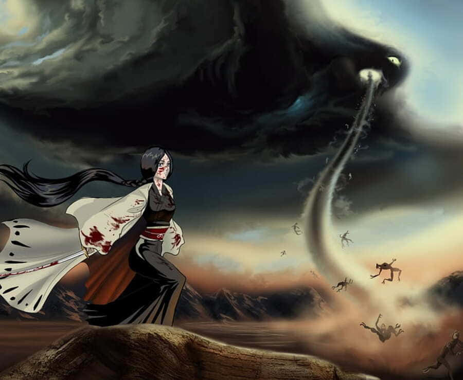 Retsu Unohana 桌布 壁紙 — 一個血跡斑斑的動漫戰士挑釁地站立著，而一隻巨大的黑暗狼釋放出一道能量光束，撕裂天空並將逃跑的身影吸入它的嘴中。
