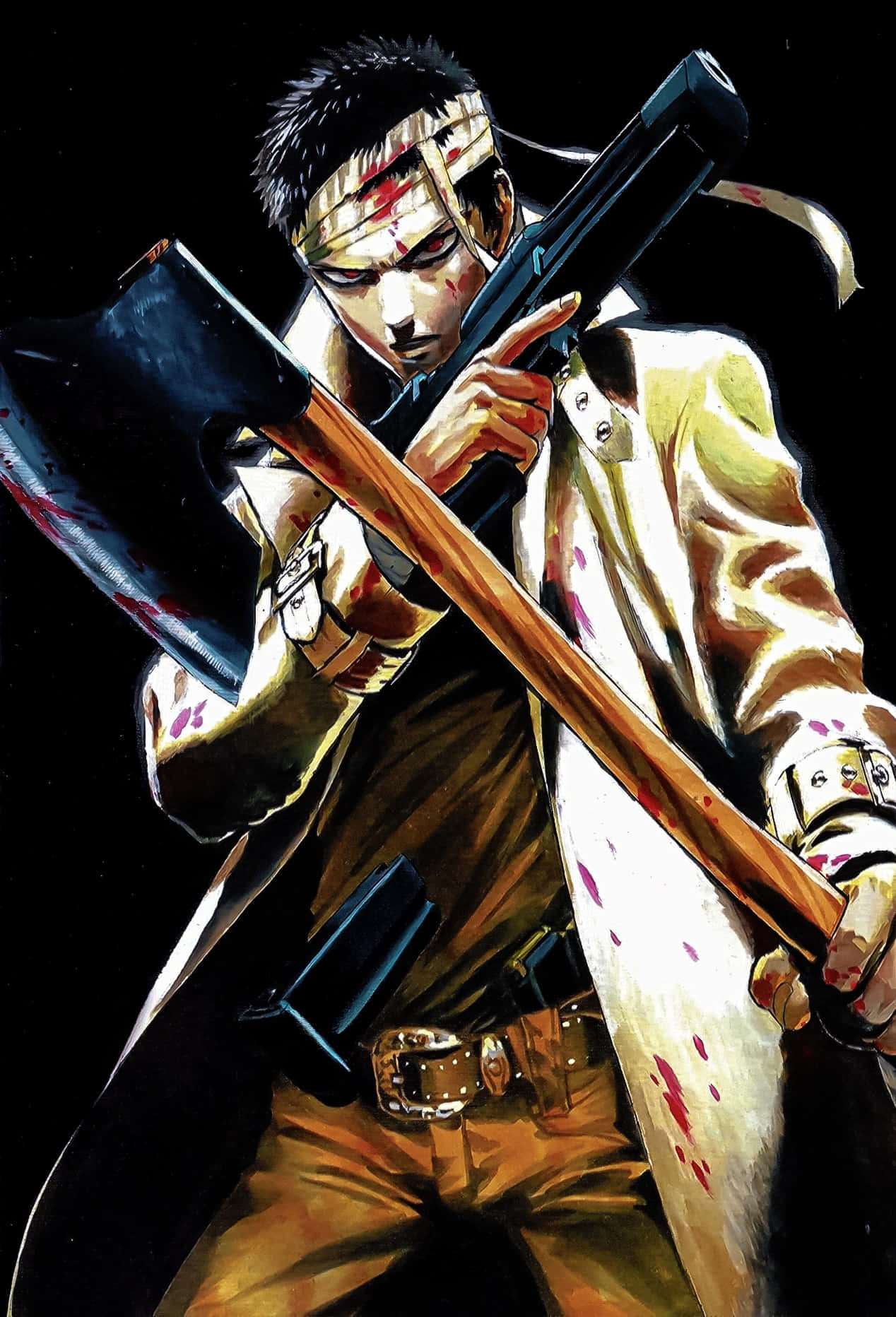 Zombieman 桌布 壁紙 — 一個血跡斑斑的動漫戰士穿著破爛外套，在黑色背景前緊握斧頭和散彈槍。