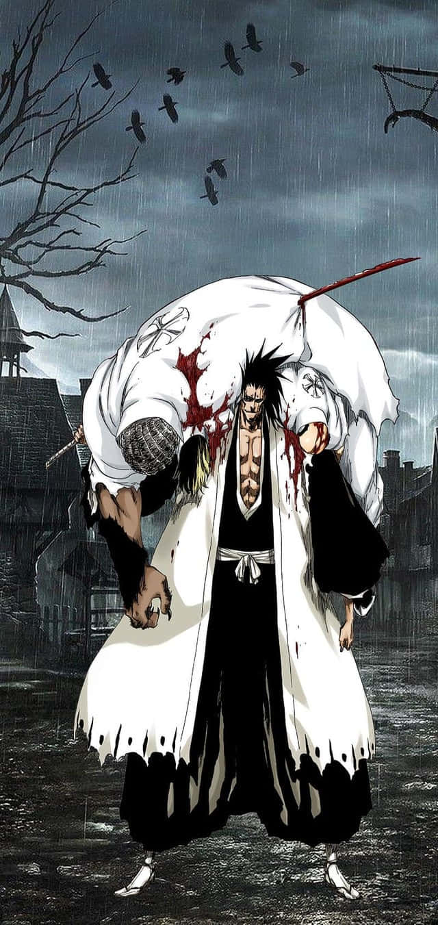 Kenpachi Zaraki 桌布 壁紙 — 一個血跡斑斑的動漫戰士穿著破爛的白色外套，站在雨中的墓地，烏鴉在頭頂飛翔。