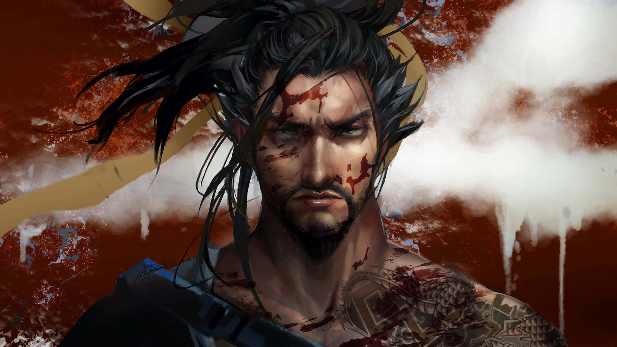 Overwatch Hanzo 桌布 壁紙 — 一個血跡斑斑的武士，黑髮紋身，在火紅與白色的背景下強烈凝視。