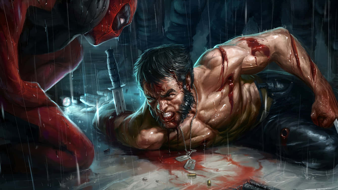 Deadpool And Wolverine 桌布 壁紙 — 一個血跡斑斑的肌肉男躺在濕漉漉的地上，一個身穿紅色服裝的身影在雨中陰暗的城市小巷裡俯視著他。