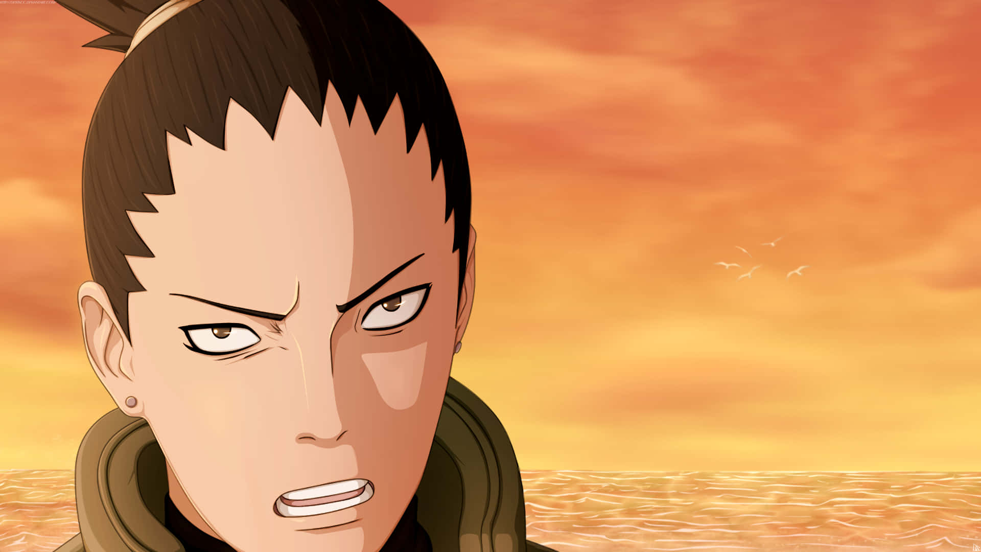 Shikamaru Nara 桌布 壁紙 — 一個表情兇猛的動漫角色站在廣闊海洋上充滿活力的橙色日落前。