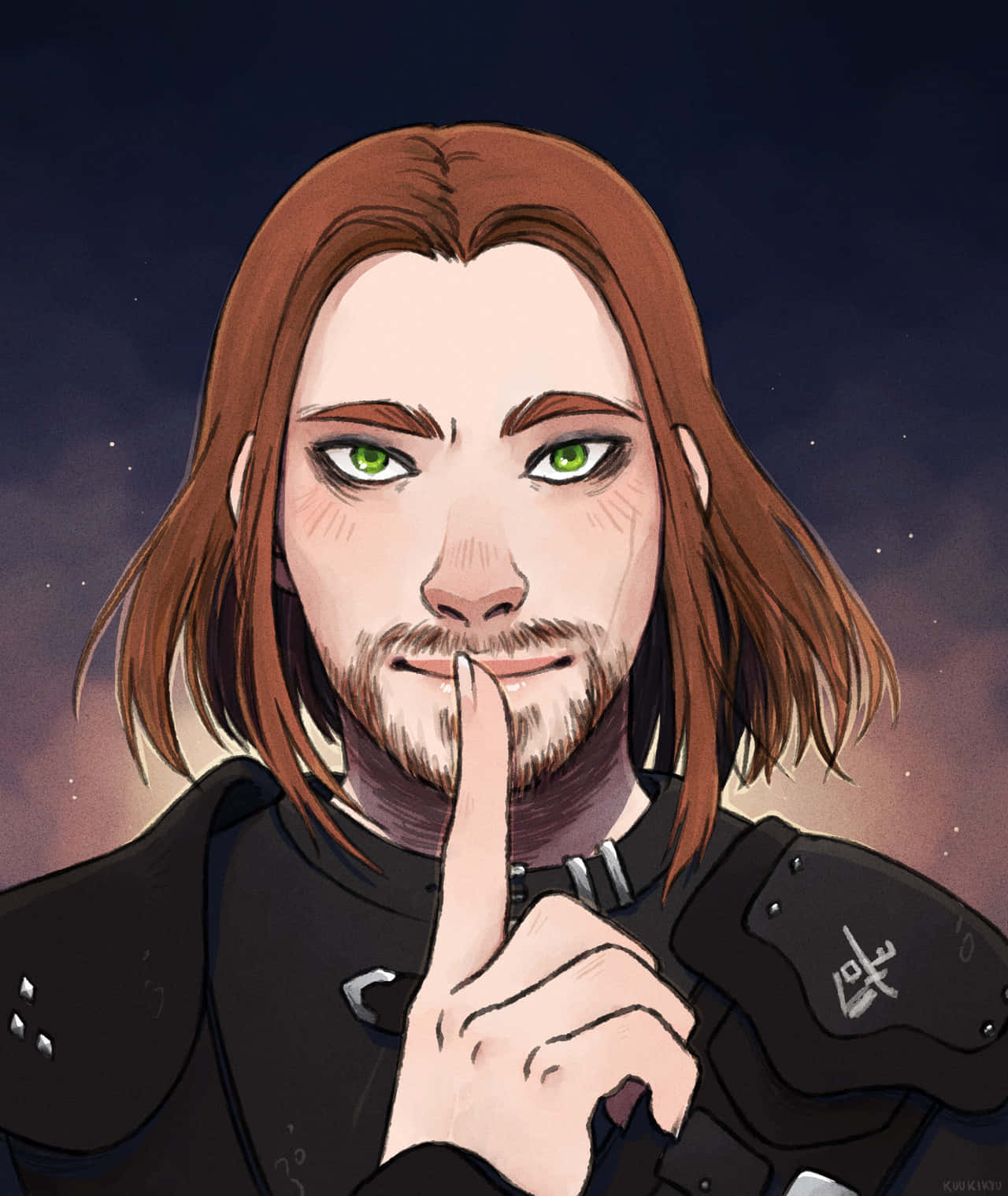 Skyrim Brynjolf 桌布 壁紙 — 一個表情嚴肅、綠眼棕髮的動漫男子，在繁星點點的暮色天空下將手指放在唇邊。