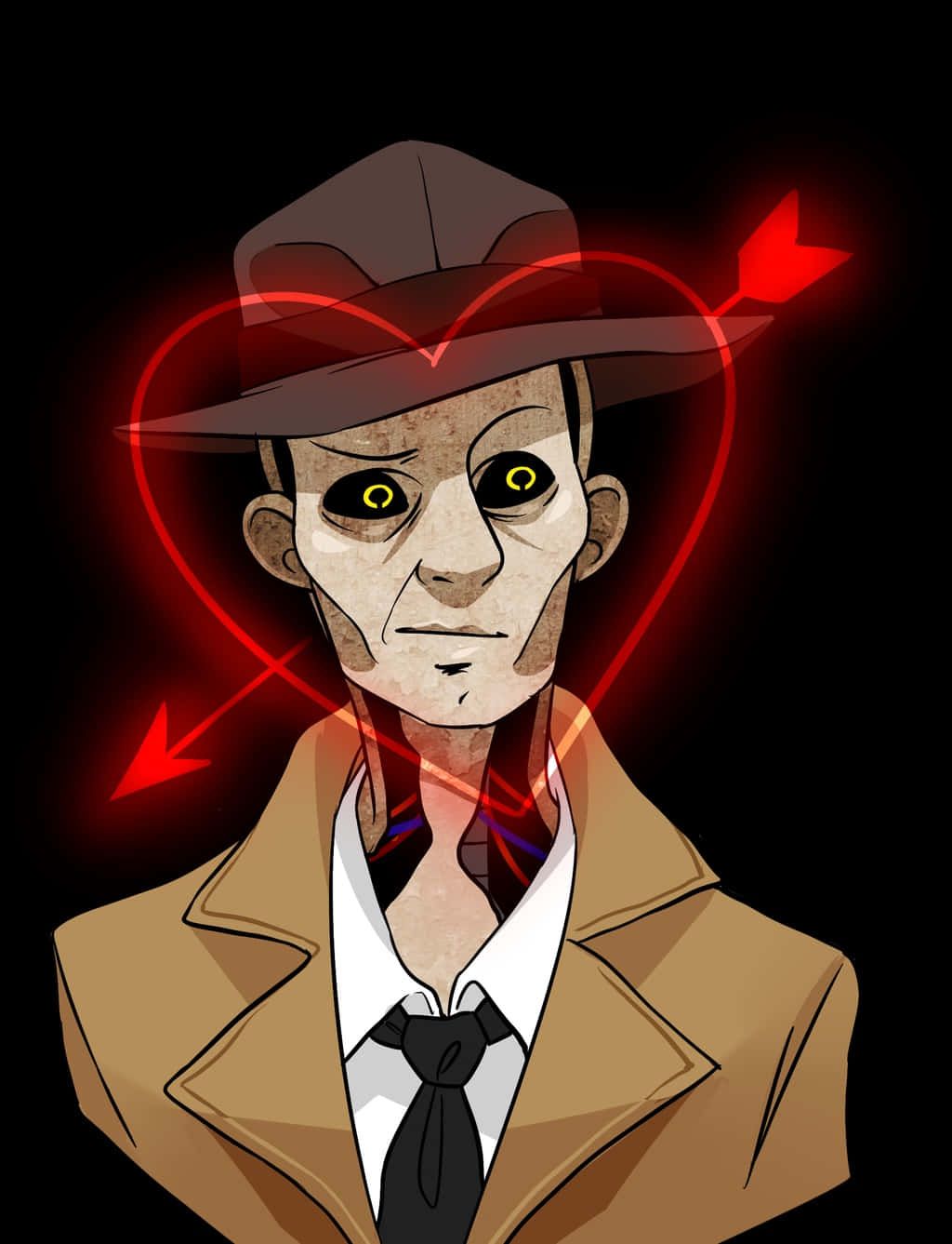 Nick Valentine 桌布 壁紙 — 一個表情嚴肅的男人，戴著棕色軟呢帽和風衣，在黑色背景前，有發光的黃色眼睛和一支紅色的心形箭刺穿他的頭部。