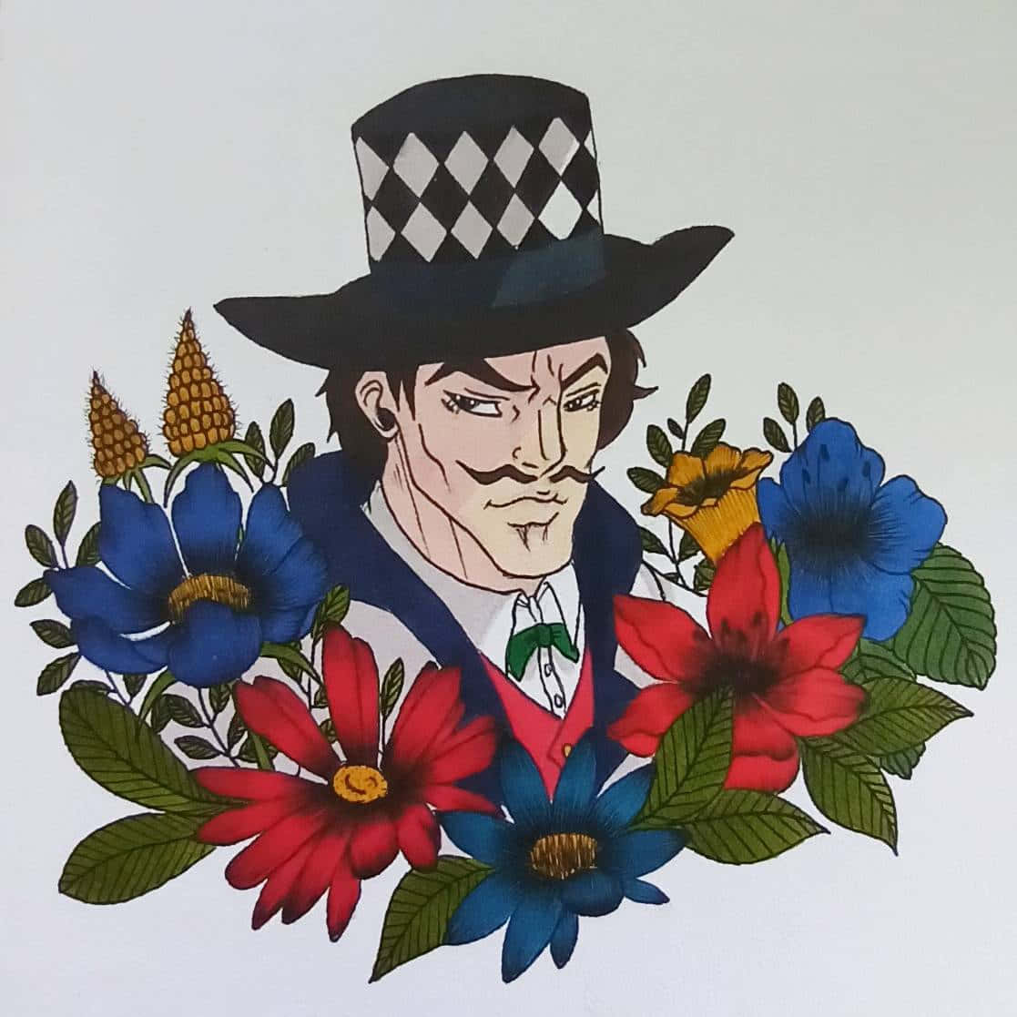 Will A Zeppeli 桌布 壁紙 — 一個表情嚴肅的男人戴著格紋高帽，被鮮豔的紅色和藍色花朵及綠葉環繞。