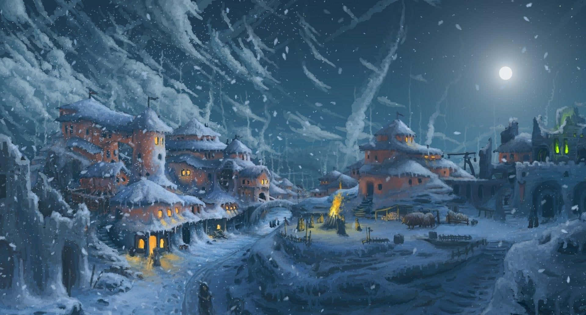 Winter Painting 桌布 壁紙 — 一個被冰雪懸崖環抱的雪中奇幻村莊，在明亮的月光下溫暖地發光，雪花輕輕飄落在發光的窗戶和中央火堆周圍。