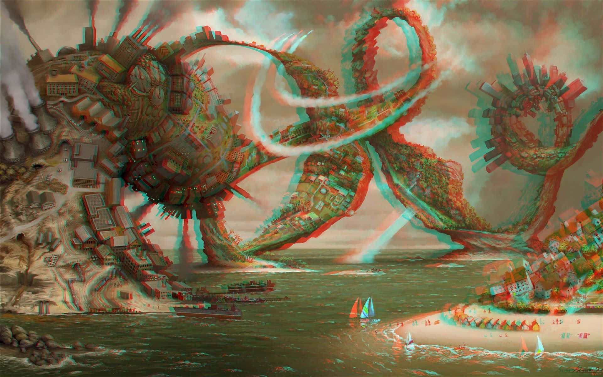 3d Graphics 桌布 壁紙 — 一個被城市覆蓋的巨大海怪，發光的觸手從海水中升起，附近有小帆船漂流。