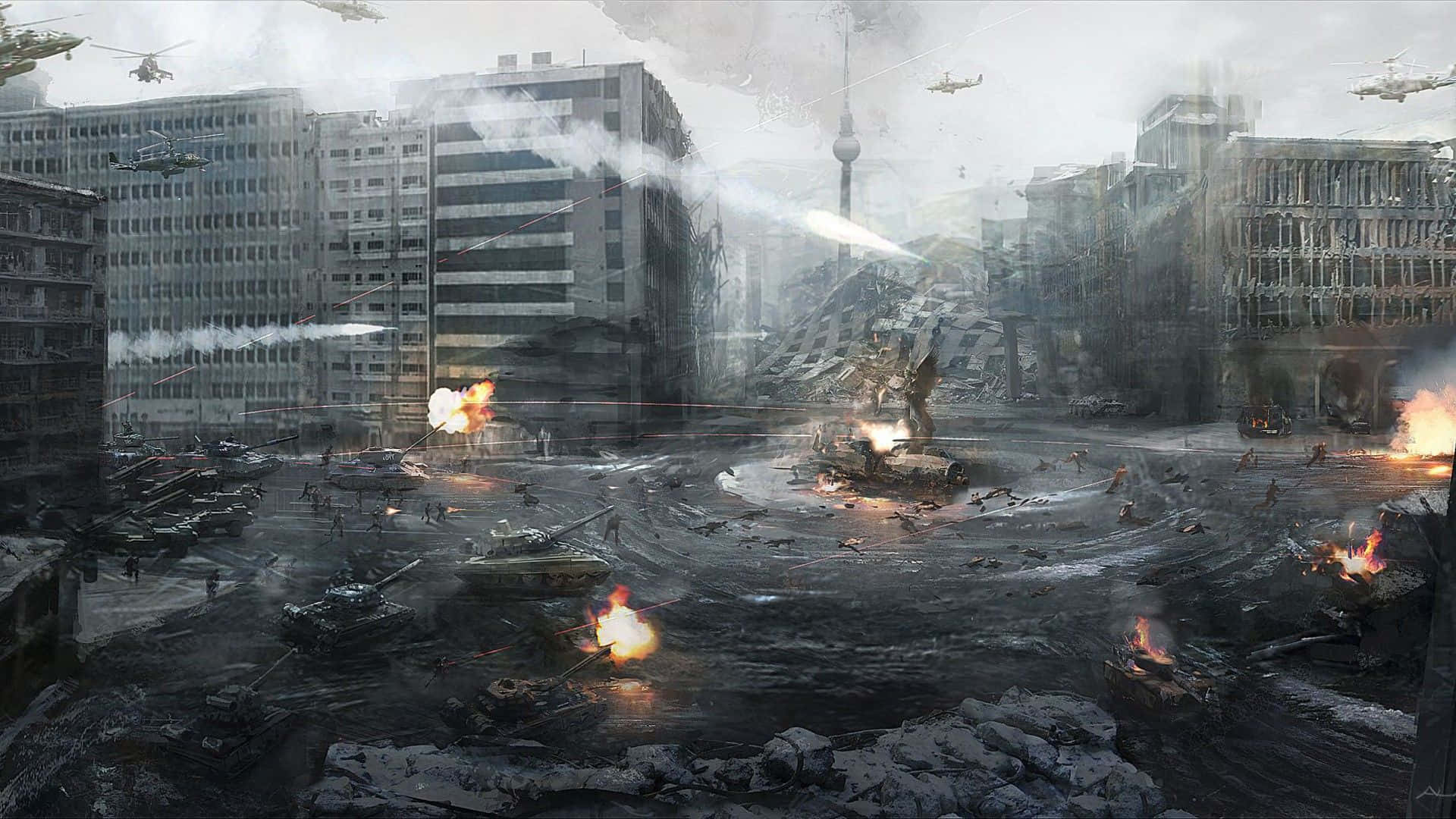 Call Of Duty Battles 桌布 壁紙 — 一個被戰爭摧毀的城市景觀，燃燒的坦克和開火的直升機在煙霧瀰漫的灰色天空下，聳立在搖搖欲墜的摩天大樓之間。