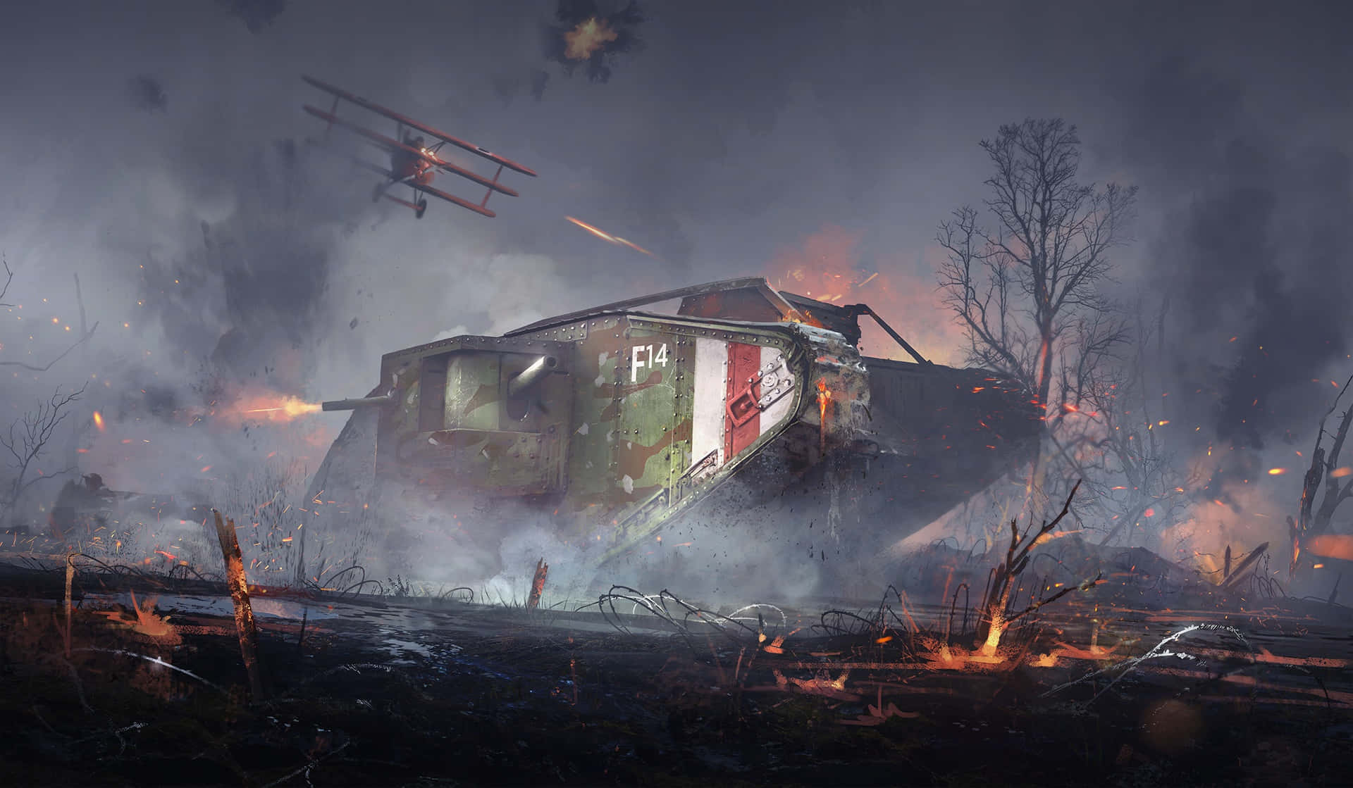 Battlefield Vehicles 桌布 壁紙 — 一個被戰爭蹂躪的戰場，一輛燃燒的坦克和一架雙翼飛機在煙霧和火焰中飛過頭頂。