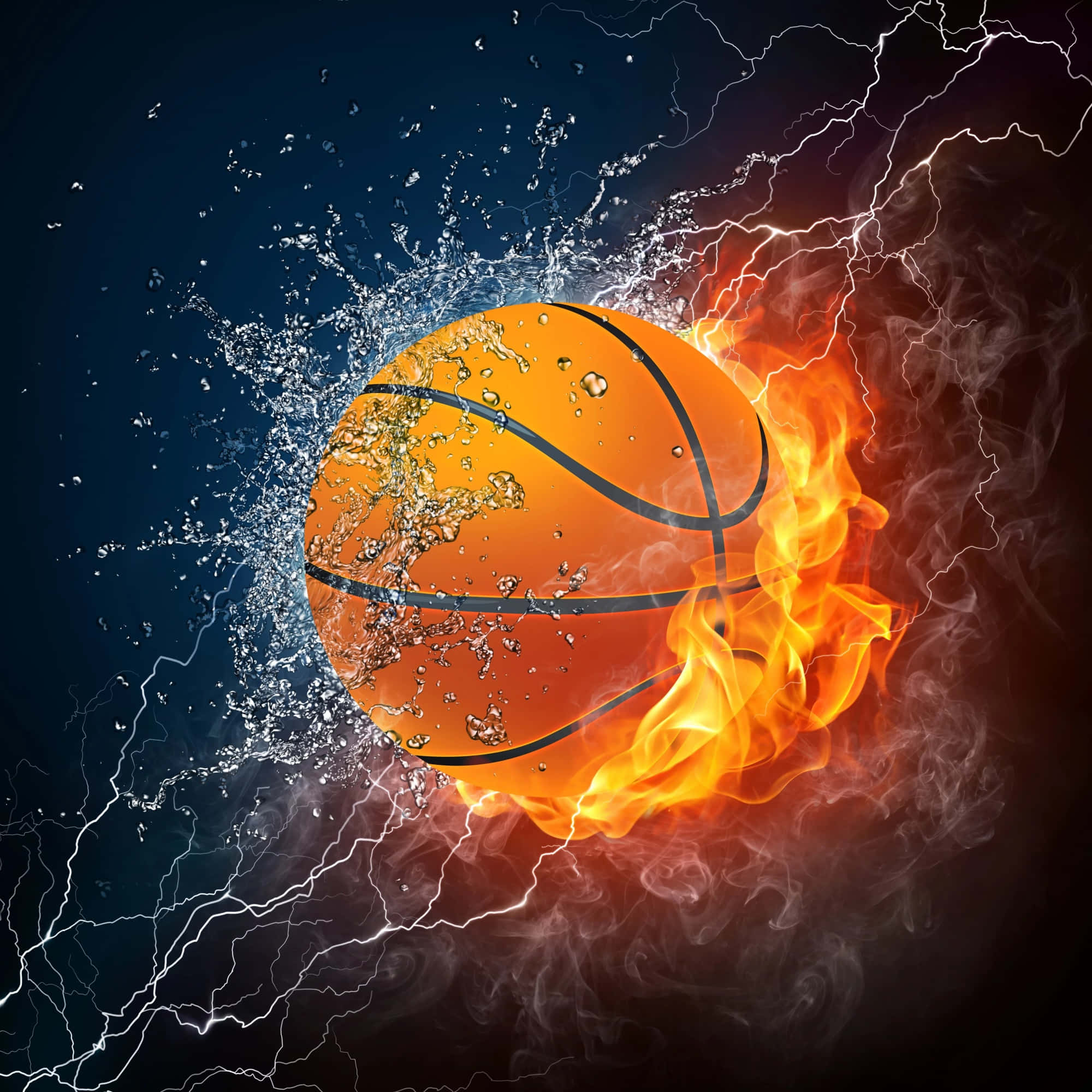 Cool Basketball 桌布 壁紙 — 一個被火與水分割的籃球，周圍有閃電劈啪作響，背景為深色。