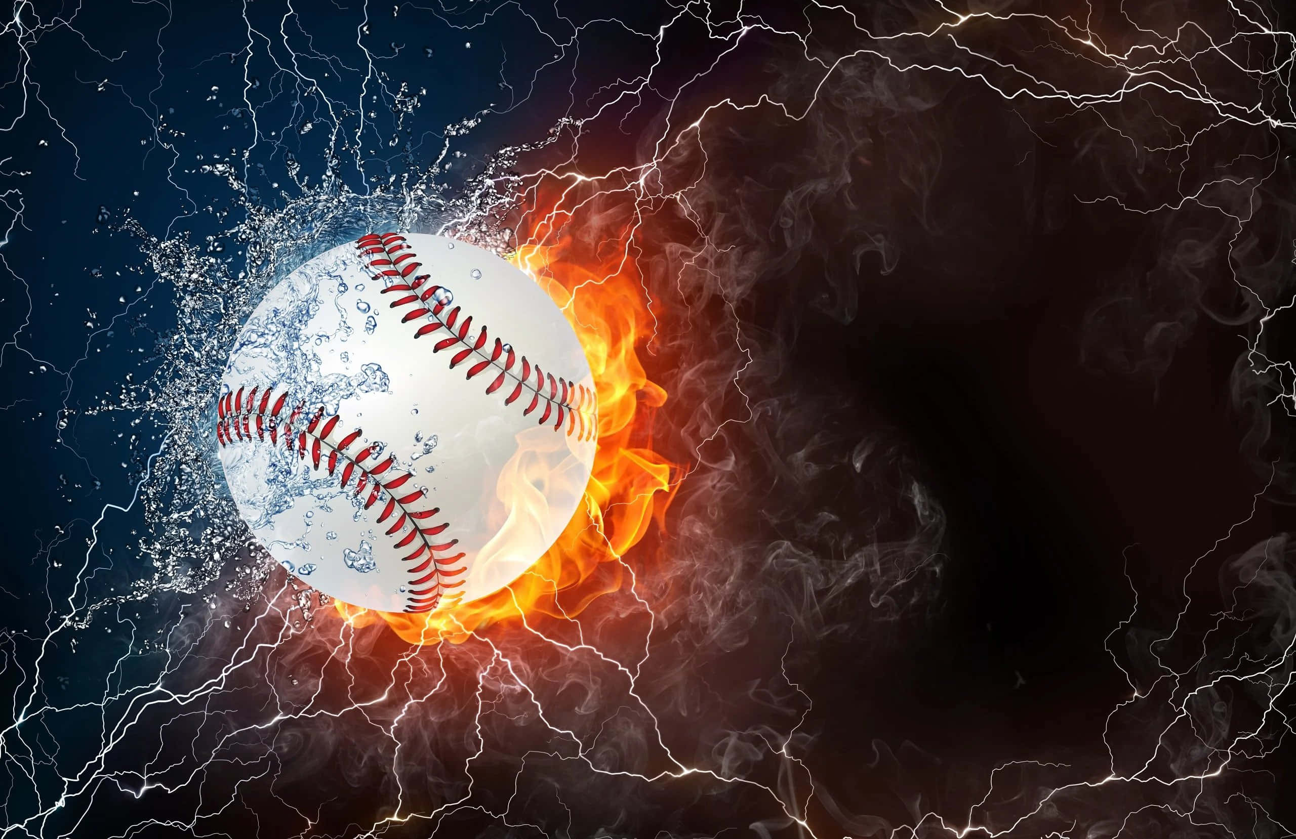Cool Baseball 桌布 壁紙 — 一個被火與水分開的棒球，周圍有閃電劈啪作響，背景是黑暗的暴風雨。