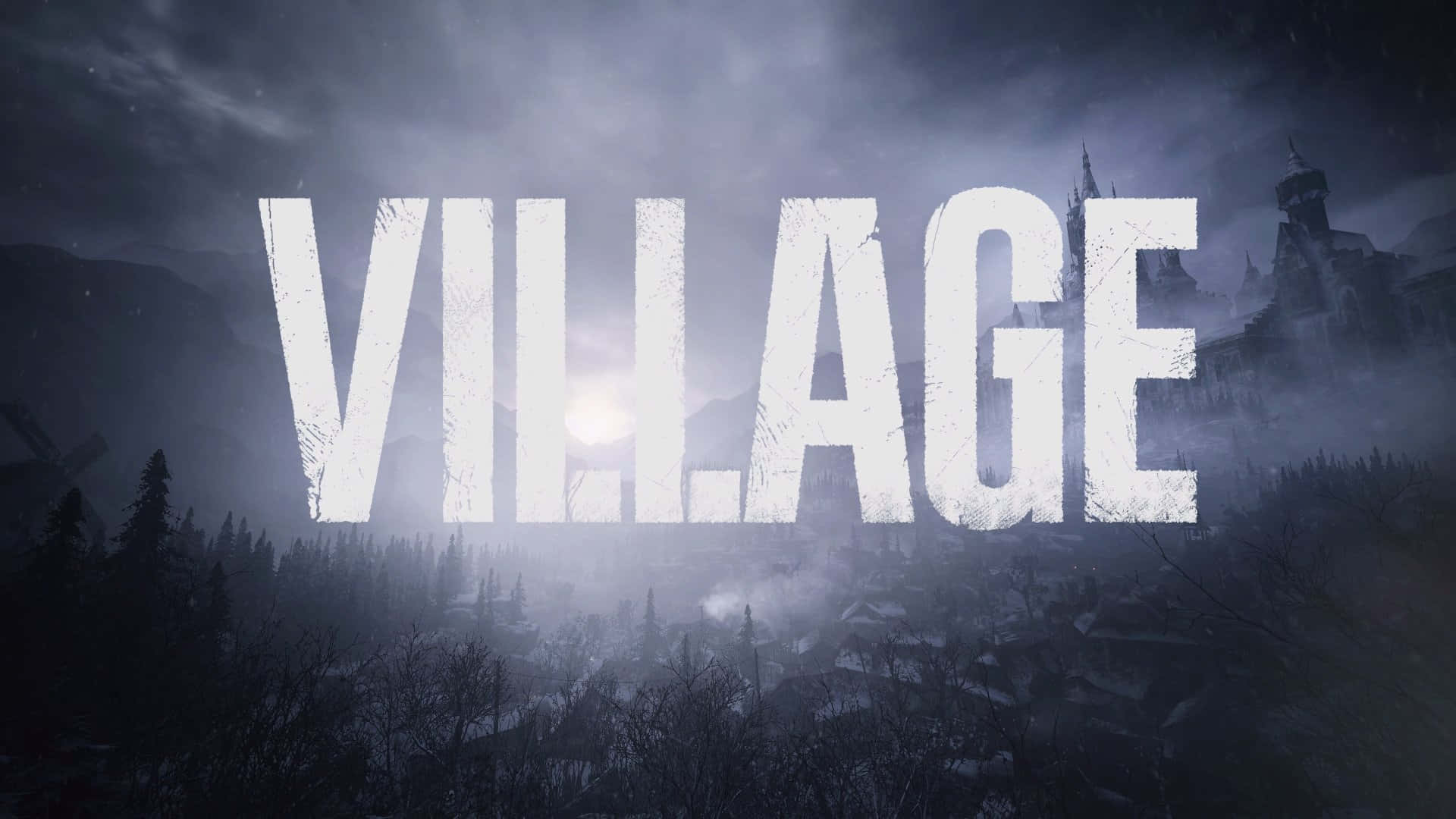 Resident Evil Village 桌布 壁紙 — 一個被烏雲籠罩的霧氣山中小村，上面有粗體白色文字寫著 VILLAGE。