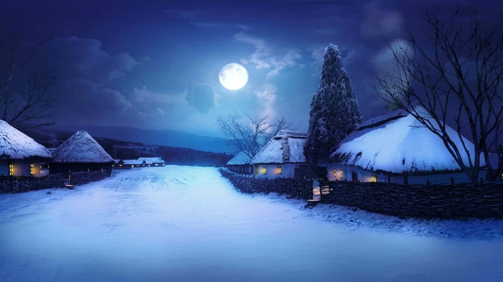 winter solstice 桌布 壁紙 — 一個被白雪覆蓋的村莊，在明亮的滿月下，窗戶閃爍著光芒，光禿禿的樹木投下長長的影子。
