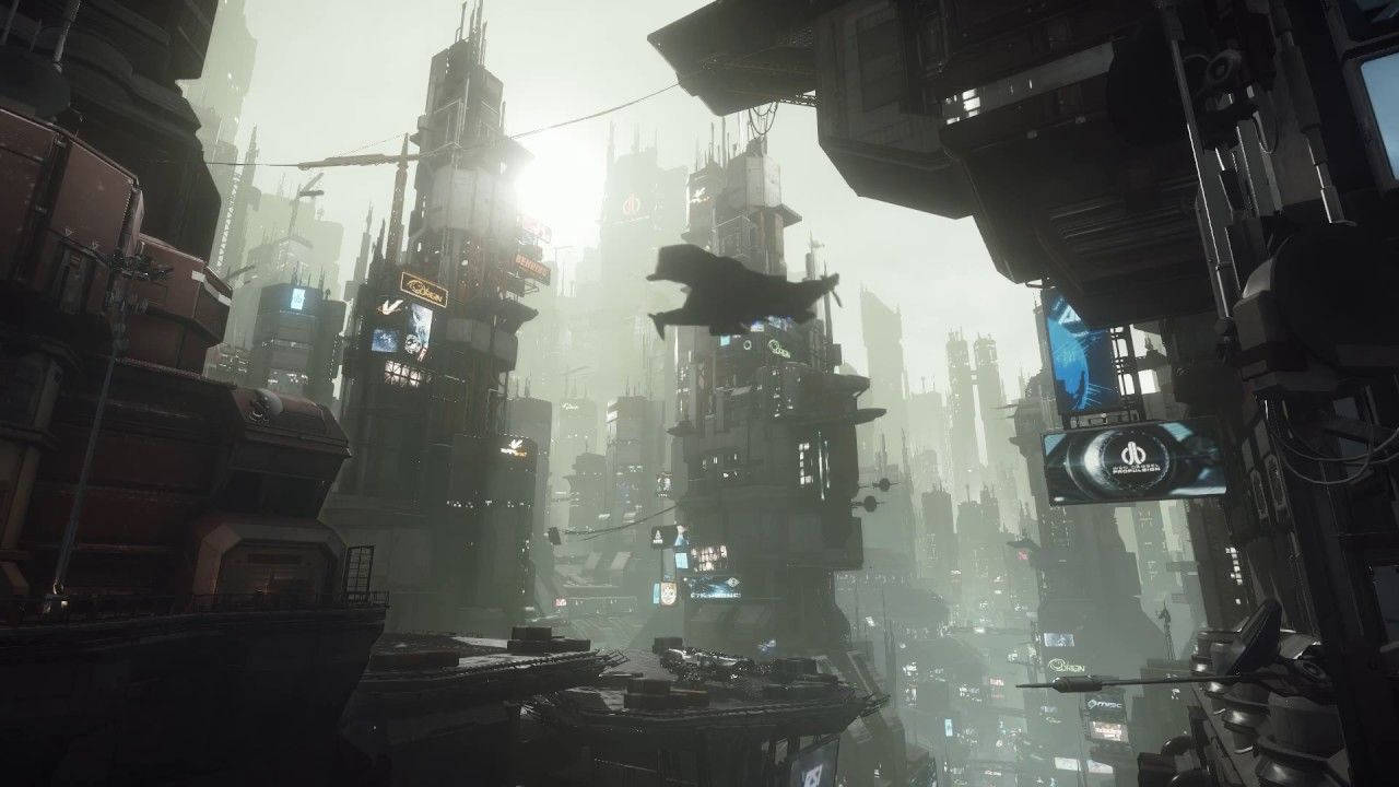 Star Citizen Area 18 壁紙 — 一個被迷霧籠罩的未來城市景觀，高聳的摩天大樓和一個飛行車輛在朦朧的太陽下形成剪影。