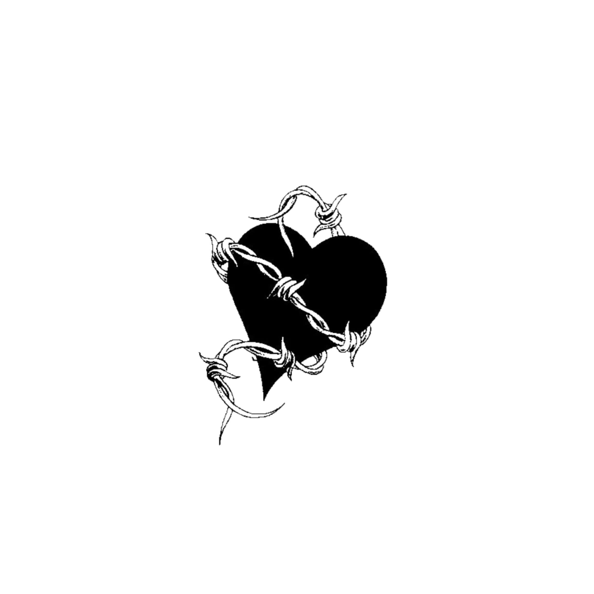 Black Heart 桌布 壁紙 — 一個被鐵絲網纏繞的黑色心形，置於純白背景上。