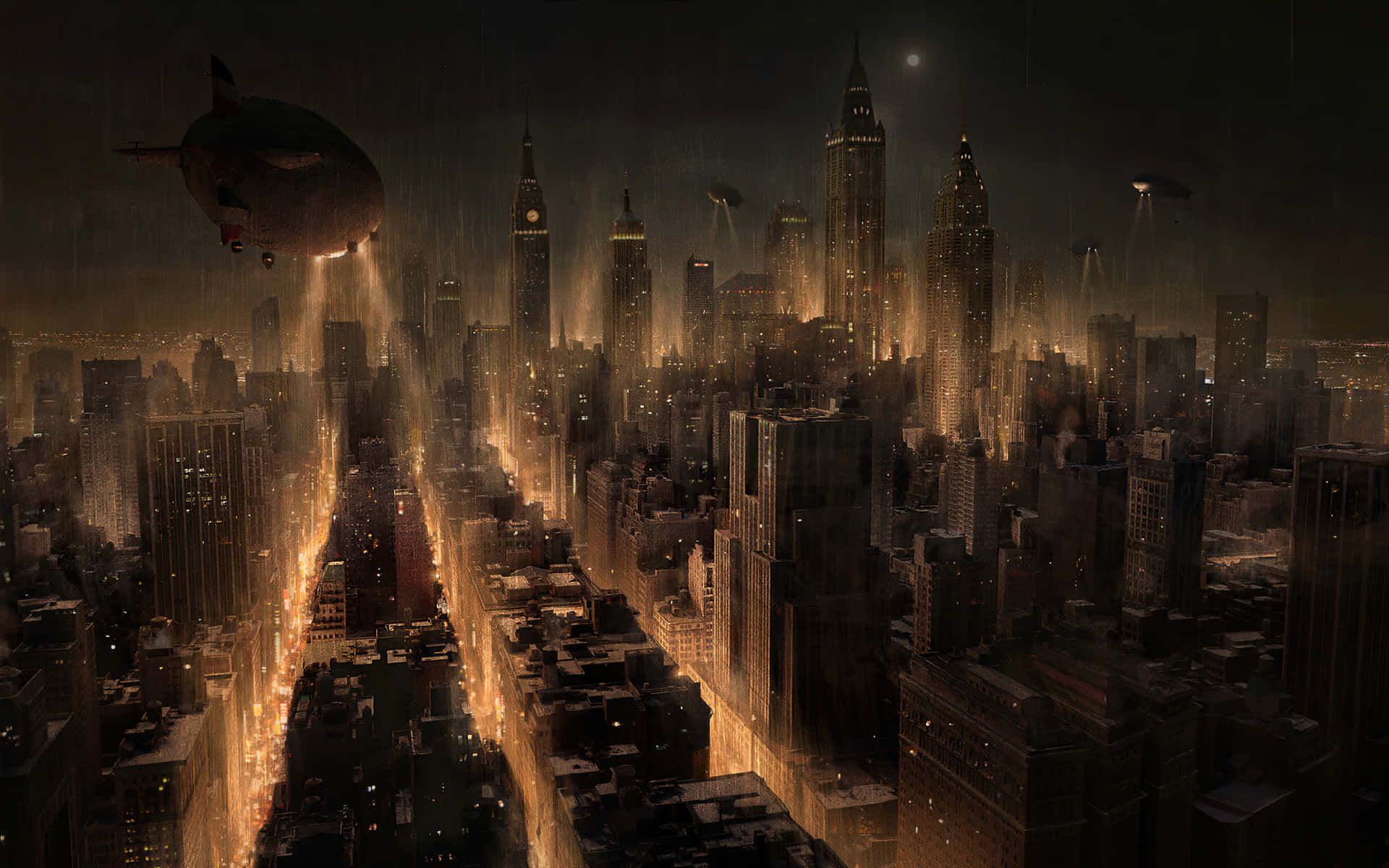 Gotham City 桌布 壁紙 — 一個被雨水浸濕的未來城市夜景，在月光下被金色路燈和飛行的飛船照亮。