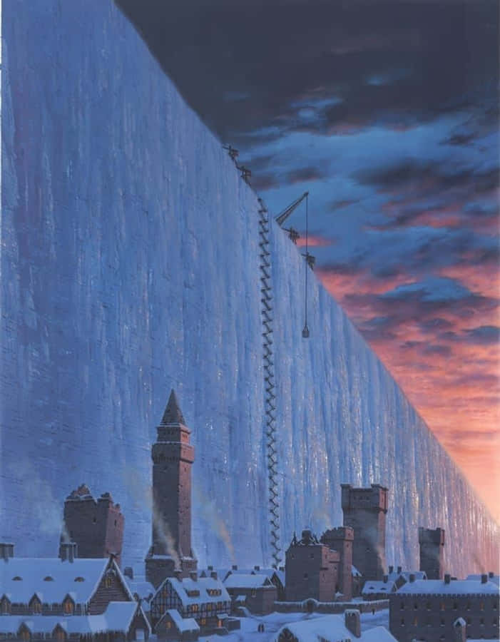 Gaming Art 桌布 壁紙 — 一個被雪覆蓋的中世紀小鎮，坐落在黃昏天空下的一座巨大高聳冰牆的腳下。