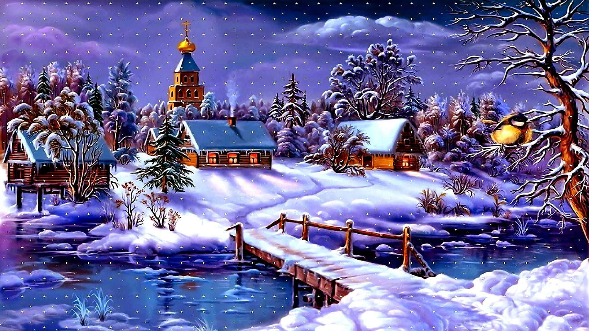 Winter Painting 桌布 壁紙 — 一個被雪覆蓋的冬夜村莊，有發光的窗戶、木屋、一座橫跨冰水的橋，以及一隻棲息在積雪樹枝上的鳥，雪花飄落。