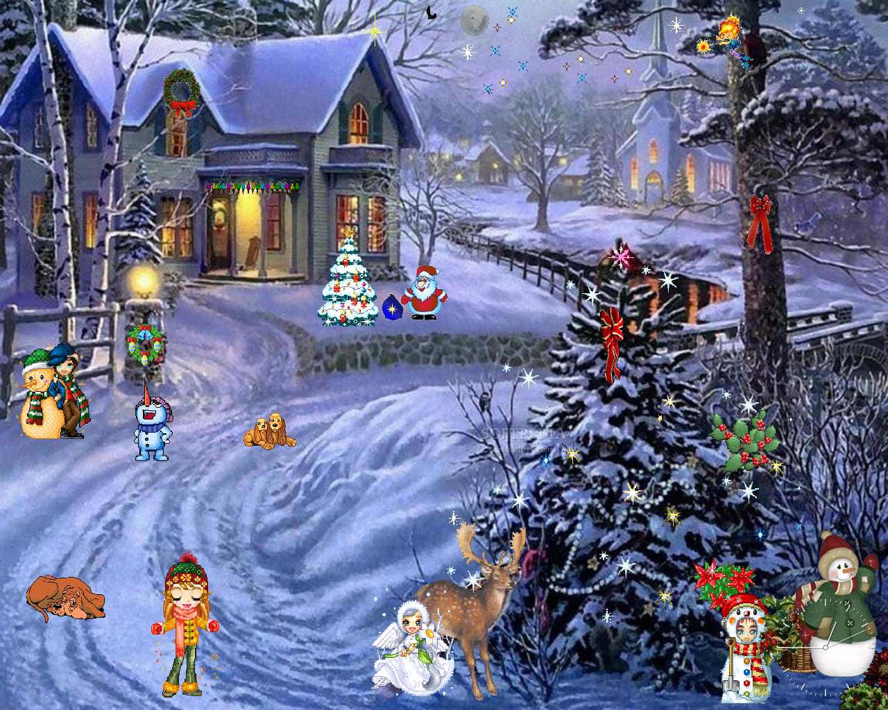 Winter Christmas 桌布 壁紙 — 一個被雪覆蓋的冬季村莊夜景，節日裝飾在星空下溫暖地閃耀。