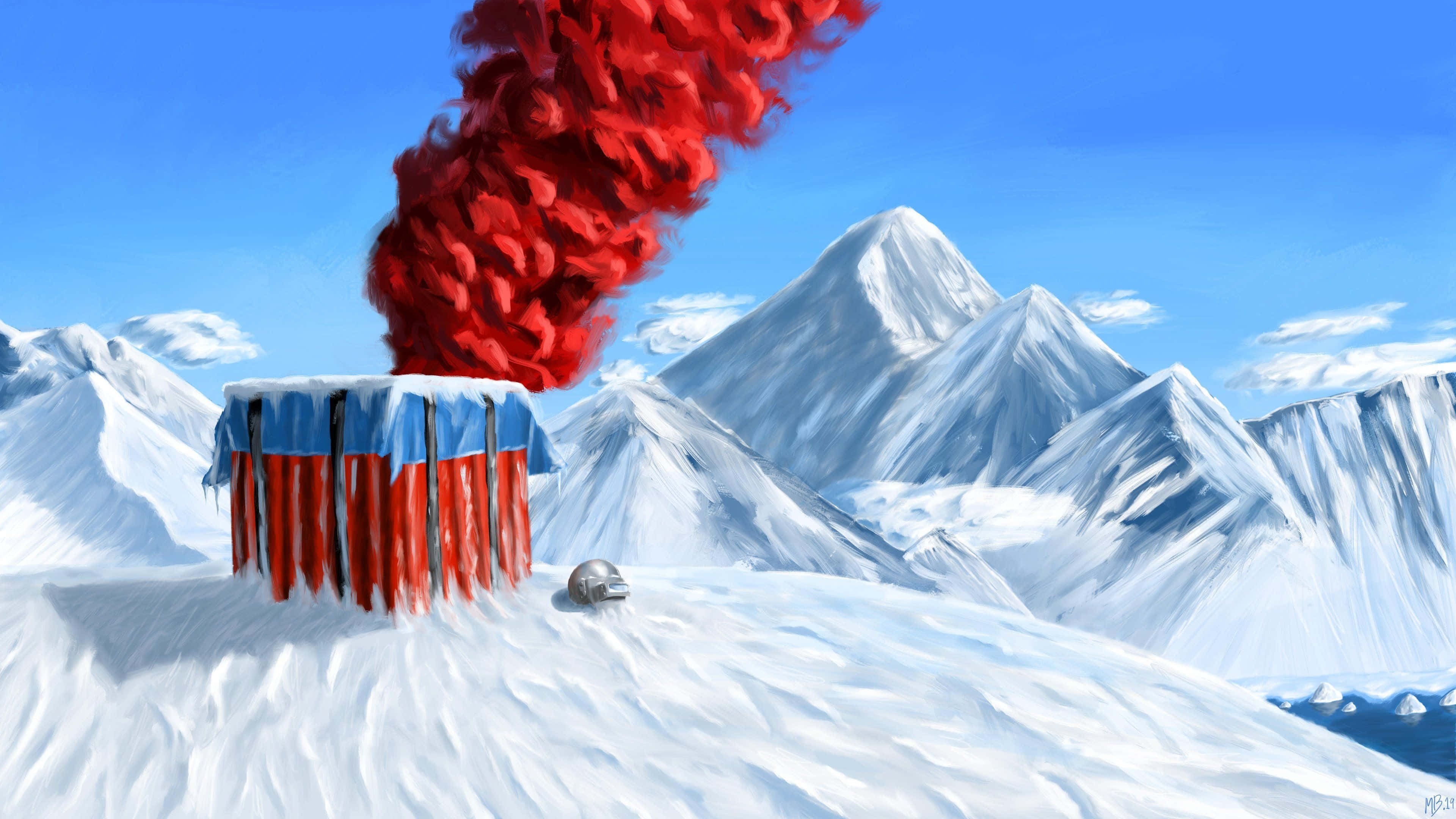 Winter Games 桌布 壁紙 — 一個被雪覆蓋的山景，在清澈的藍天下，一個藍色和紅色的結構中升起一股紅色的煙霧。