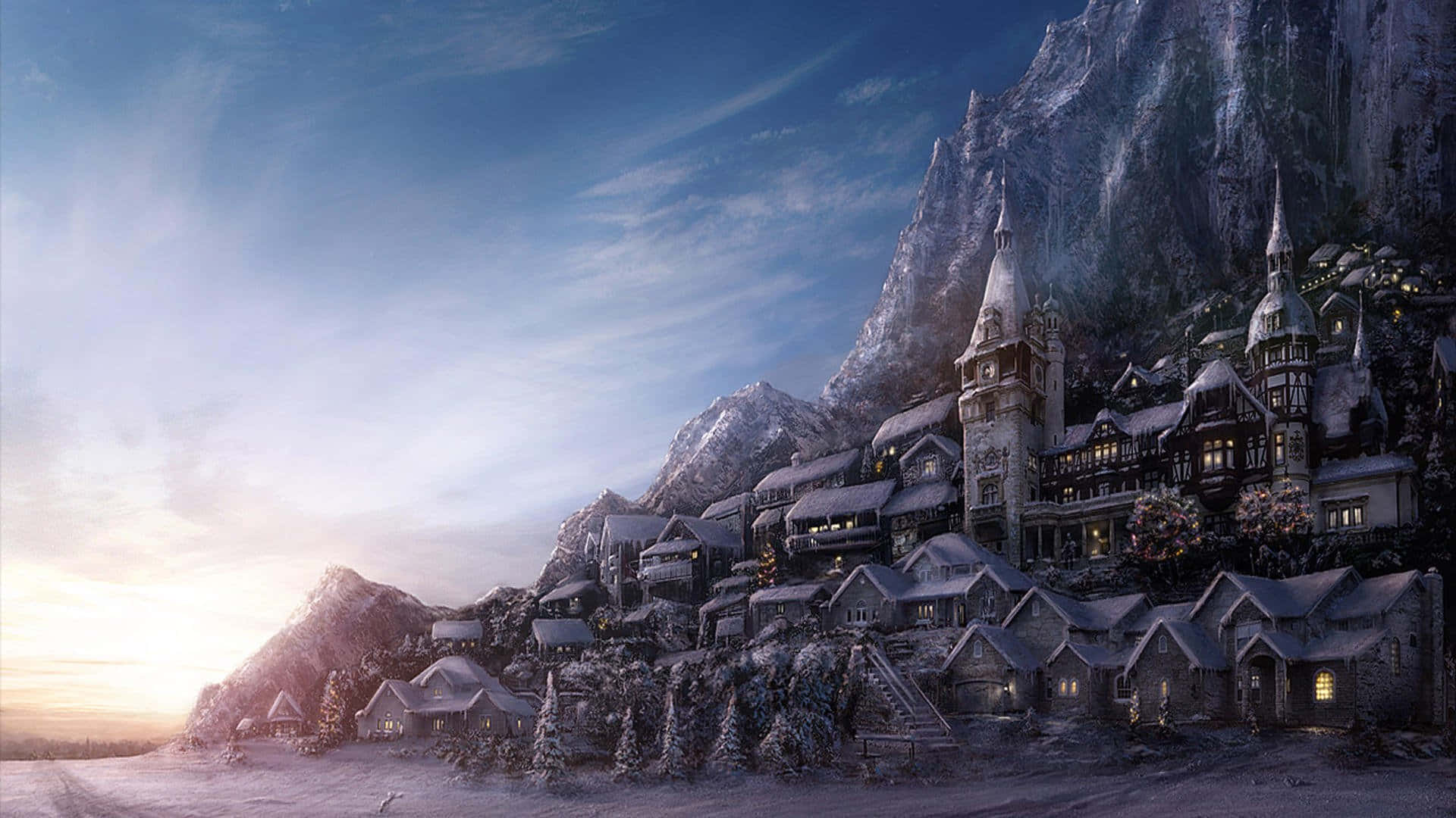 Snowy Village 桌布 壁紙 — 一個被雪覆蓋的山村在黎明時分緊貼懸崖，溫暖的燈光從窗戶透出，映襯著淡藍色的天空。