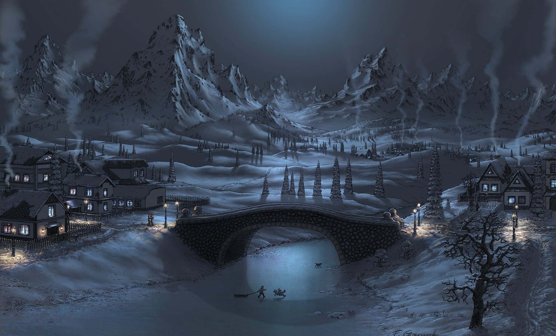 Winter Painting 桌布 壁紙 — 一個被雪覆蓋的山村夜晚，窗戶發光，石橋橫跨結冰的河流，天空漆黑。
