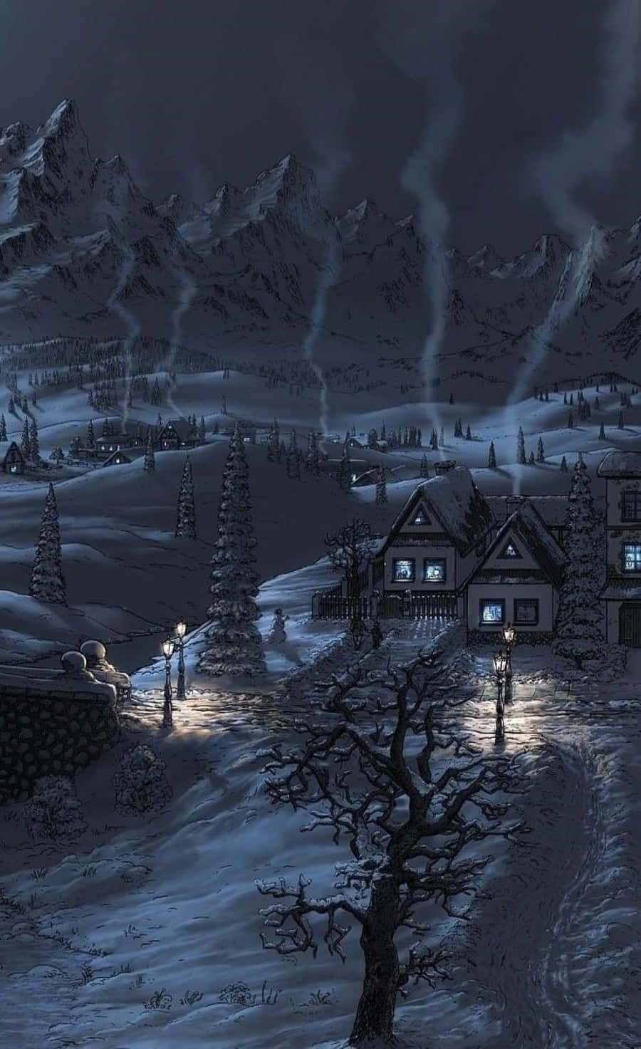 Snowy Village 桌布 壁紙 — 一個被雪覆蓋的山村夜晚，窗戶發光，山頂升起詭異的光束。