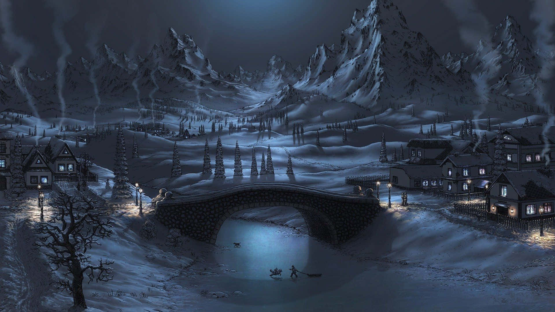 Snowy Village 桌布 壁紙 — 一個被雪覆蓋的山村夜景，河上有一座石橋，兩個人在發光的街燈下划船。
