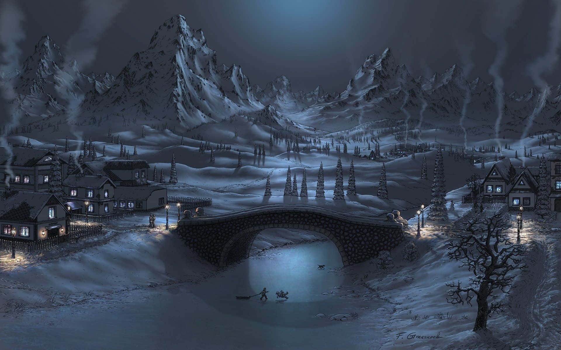 Winter Art 桌布 壁紙 — 一個被雪覆蓋的山村夜景，窗戶發光，石橋橫跨結冰的河流，天空漆黑。