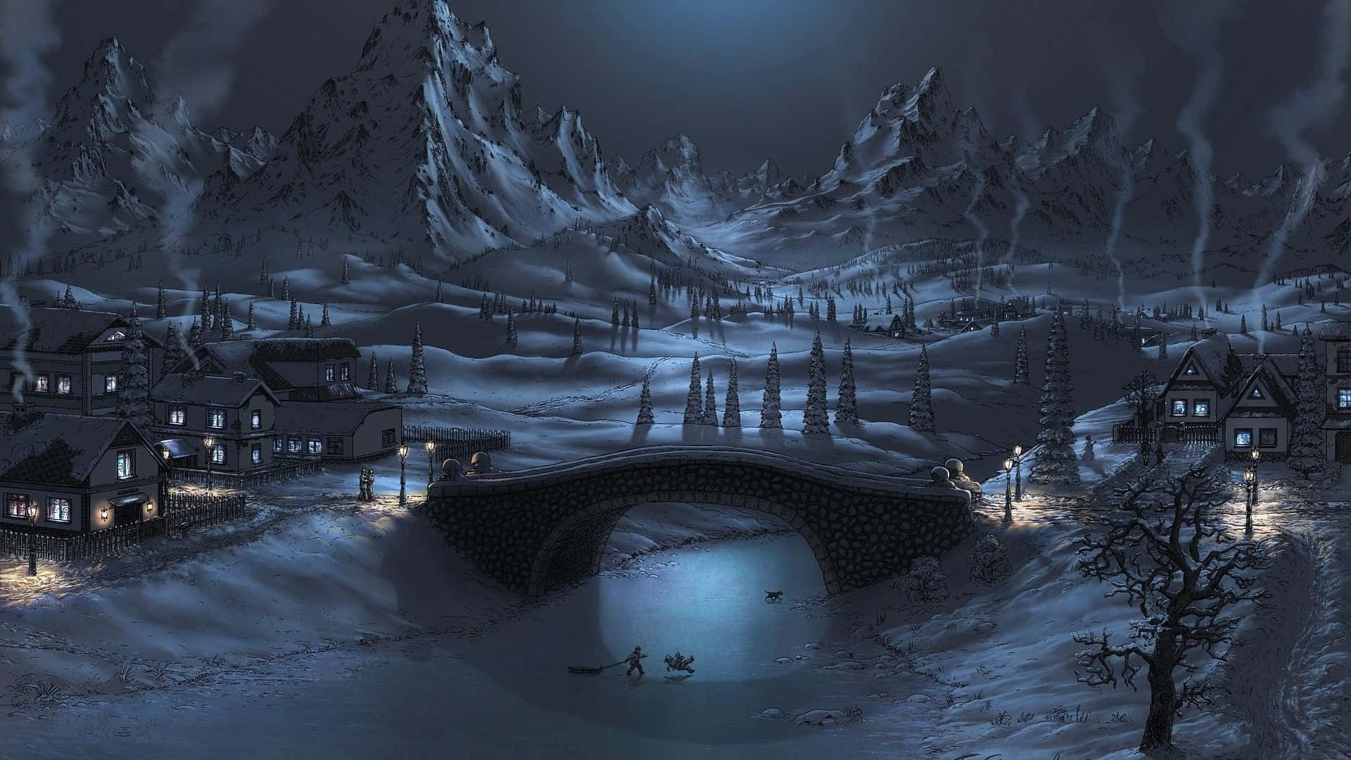 Snowy Landscape 桌布 壁紙 — 一個被雪覆蓋的山村夜景，窗戶閃爍著光芒，一座石橋橫跨結冰的河流，天空漆黑一片。