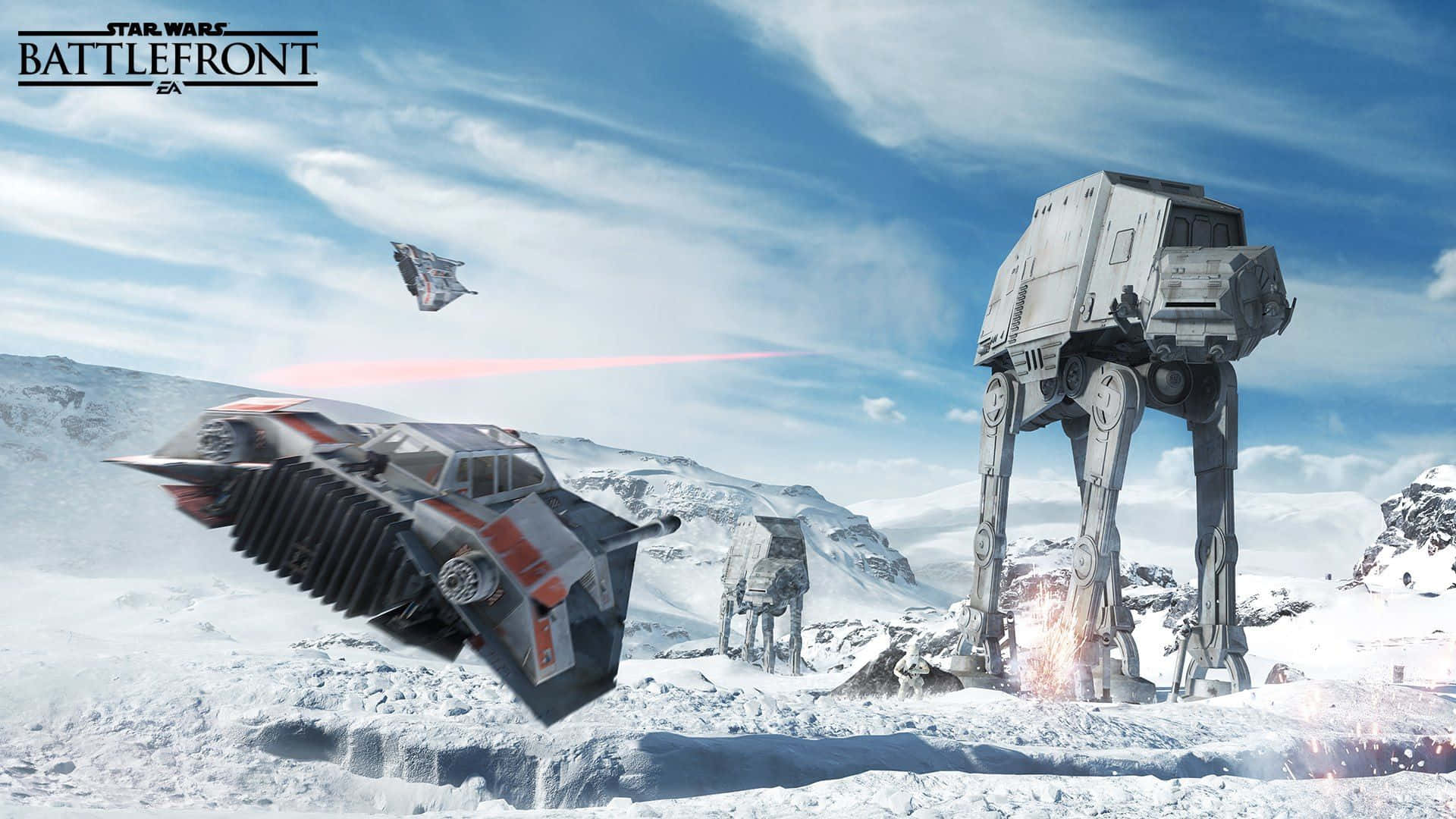 Scarif 桌布 壁紙 — 一個被雪覆蓋的戰場，AT-AT步行機和雪地飛船在明亮的藍天下開火。