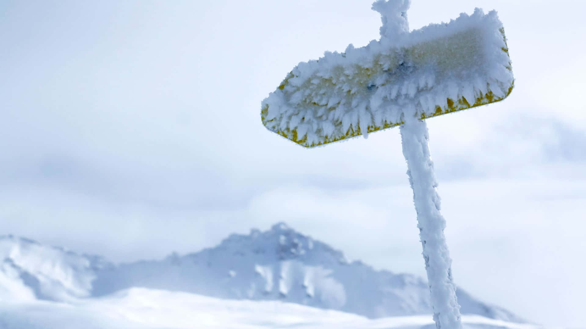 Frost 桌布 壁紙 — 一個被雪覆蓋的木製路標指向蒼白冬日天空下遙遠的雪山。
