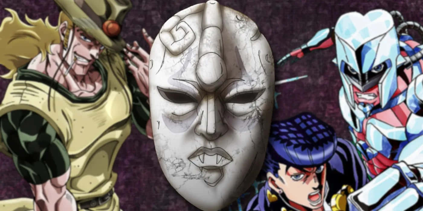 Jojo's Bizarre Adventure Atum 桌布 壁紙 — 一個裂開的白色面具，置於色彩大膽、姿勢動感的動漫角色之間，背景為深紫色。
