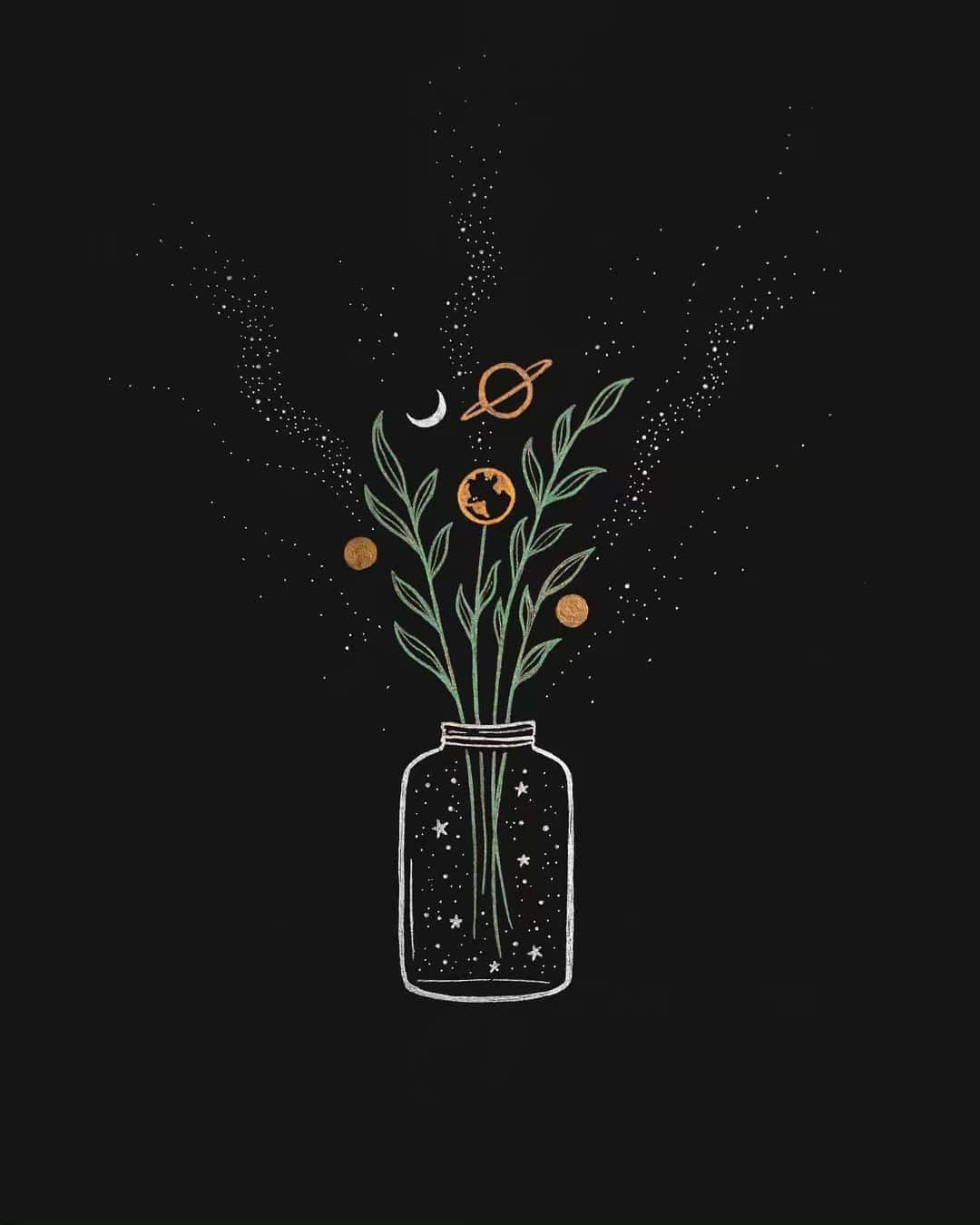 Witch Aesthetic 桌布 壁紙 — 一個裝滿星星的玻璃瓶內有綠色莖幹，上方漂浮著天體，背景為黑色的極簡插圖。