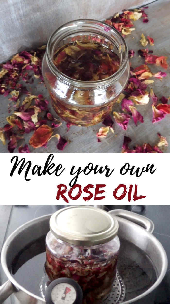 Rose Oil 桌布 壁紙 — 一個裝滿玫瑰油和花瓣的玻璃瓶放在一個有紋理的表面上，旁邊散落著乾燥的玫瑰花瓣。