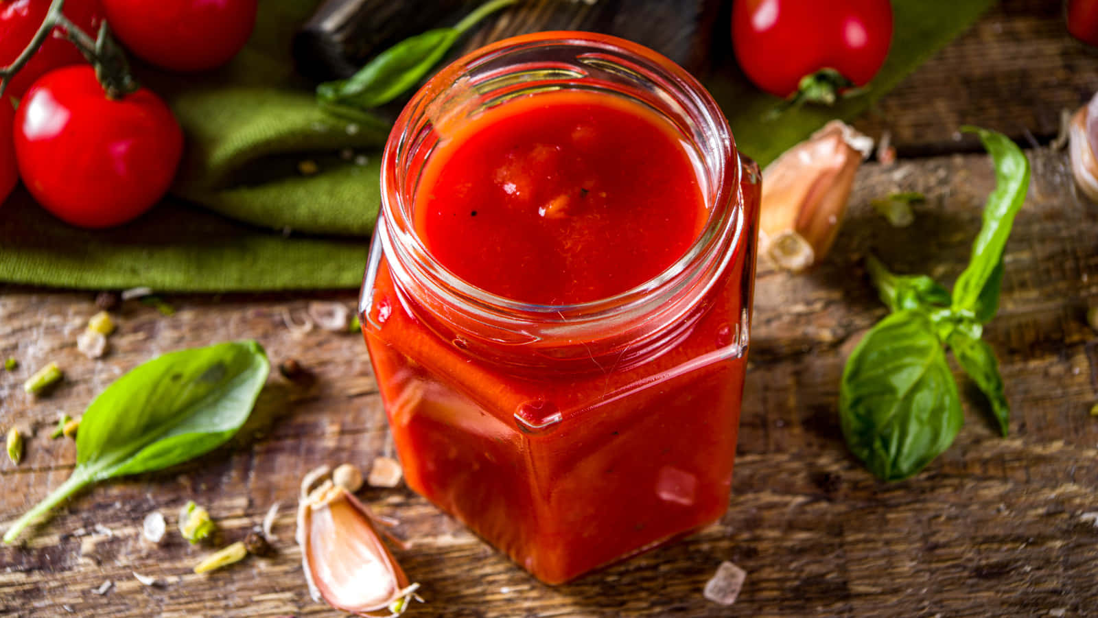 Red Sauce 桌布 壁紙 — 一個裝滿鮮紅色番茄醬的玻璃罐放在質樸的木桌上，周圍是新鮮羅勒、大蒜和整個番茄。
