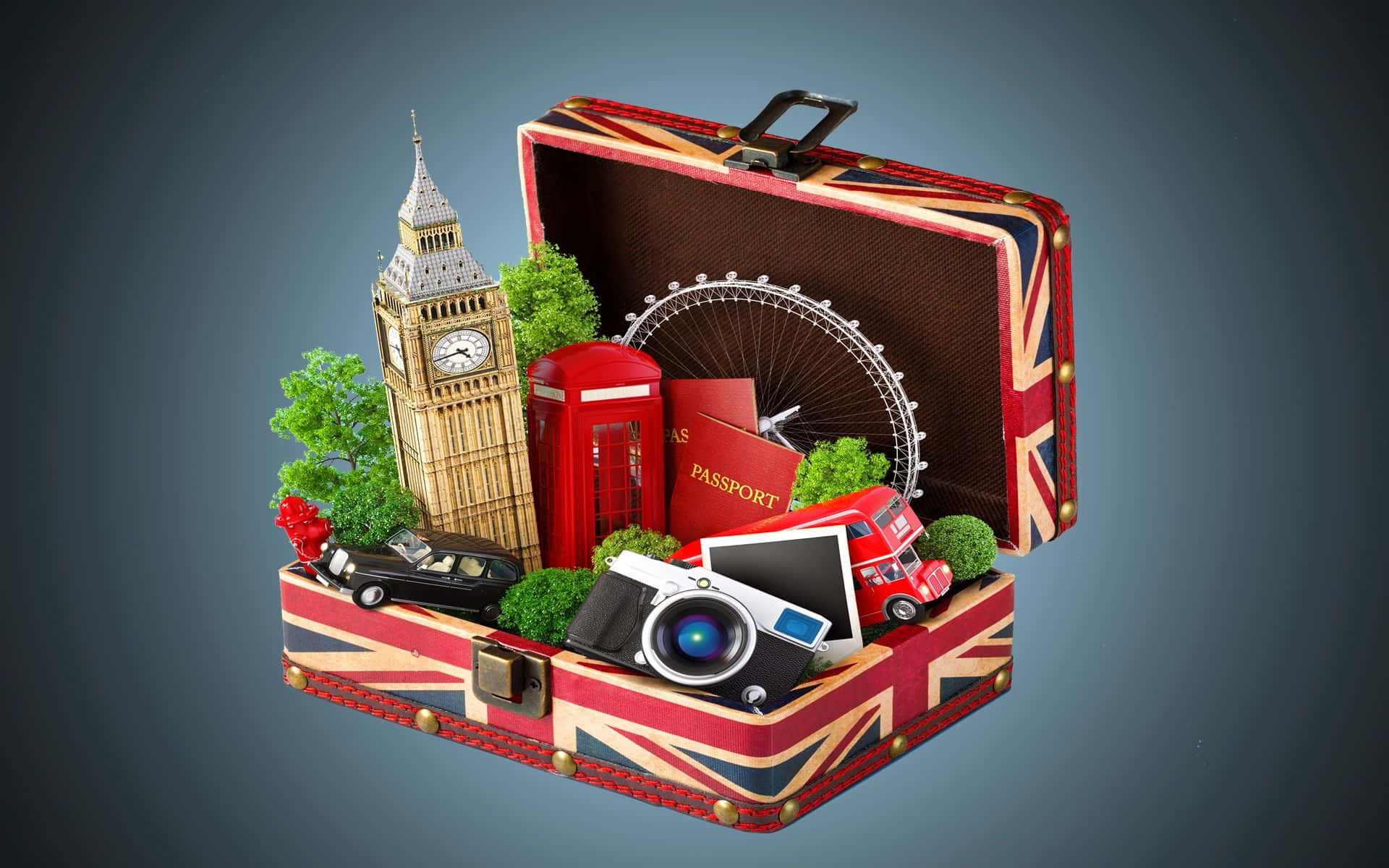 3d Travel 桌布 壁紙 — 一個裝飾有英國國旗圖案的復古手提箱，內含倫敦地標迷你模型和旅行裝備。